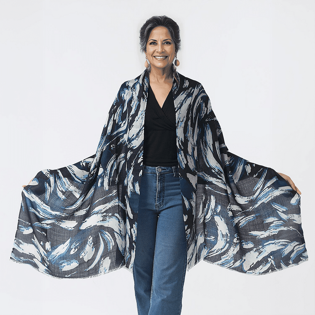 La Marey 100% Cashmere Printed Scarf (Size 190x70 cm) - French Navy