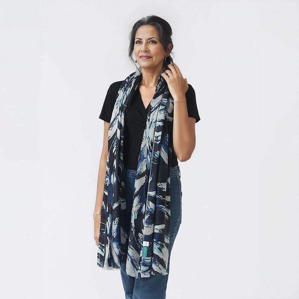 La Marey 100% Cashmere Printed Scarf (Size 190x70 cm) - French Navy