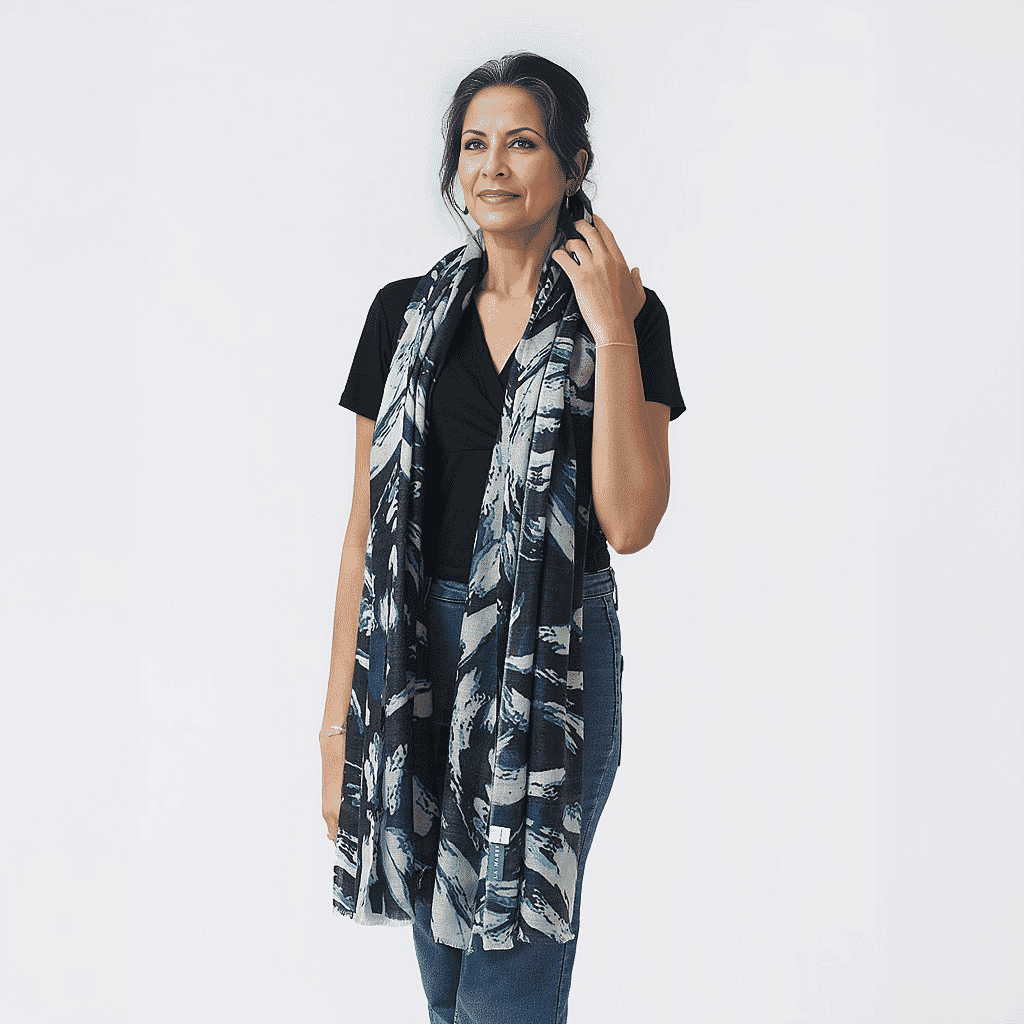 La Marey 100% Cashmere Printed Scarf (Size 190x70 cm) - French Navy