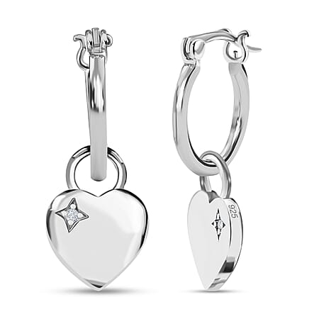 Natural White Diamond Hoop Earrings With Heart Charm in Platinum Overlay Sterling Silver Natural White Diamond Hoop Earrings With Heart Charm in Platinum Overlay Sterling Silver