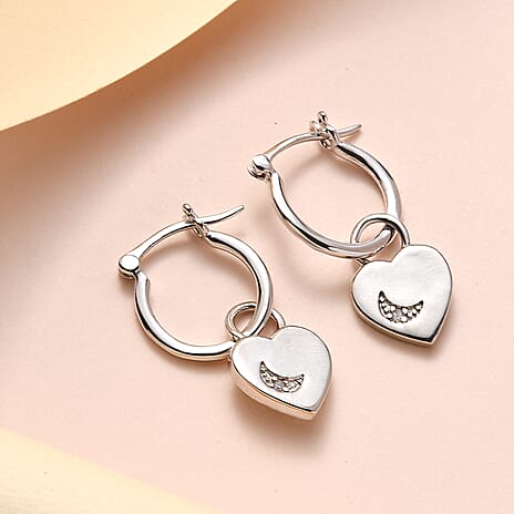 Natural White Diamond Earrings with Clasp in Platinum Overlay Sterling Silver, Silver Wt. 5.97 Gms.