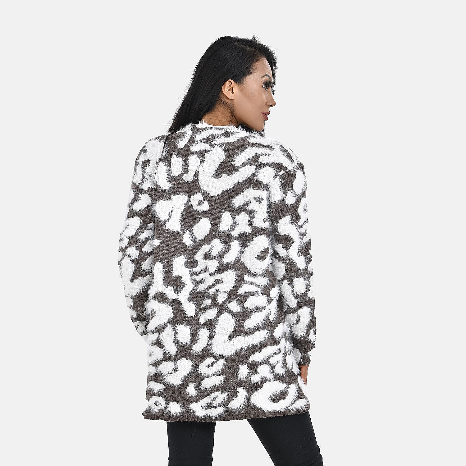 Tamsy Leopard Print Crew Neck Cardigan with Pockets (Size 110x82 cm) - Brown - White