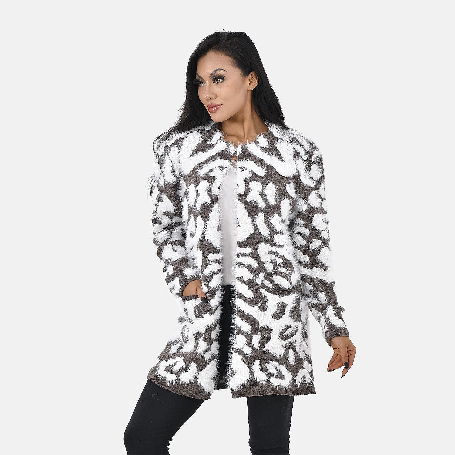 Tamsy Leopard Print Crew Neck Cardigan with Pockets (Size 110x82 cm) - Brown - White