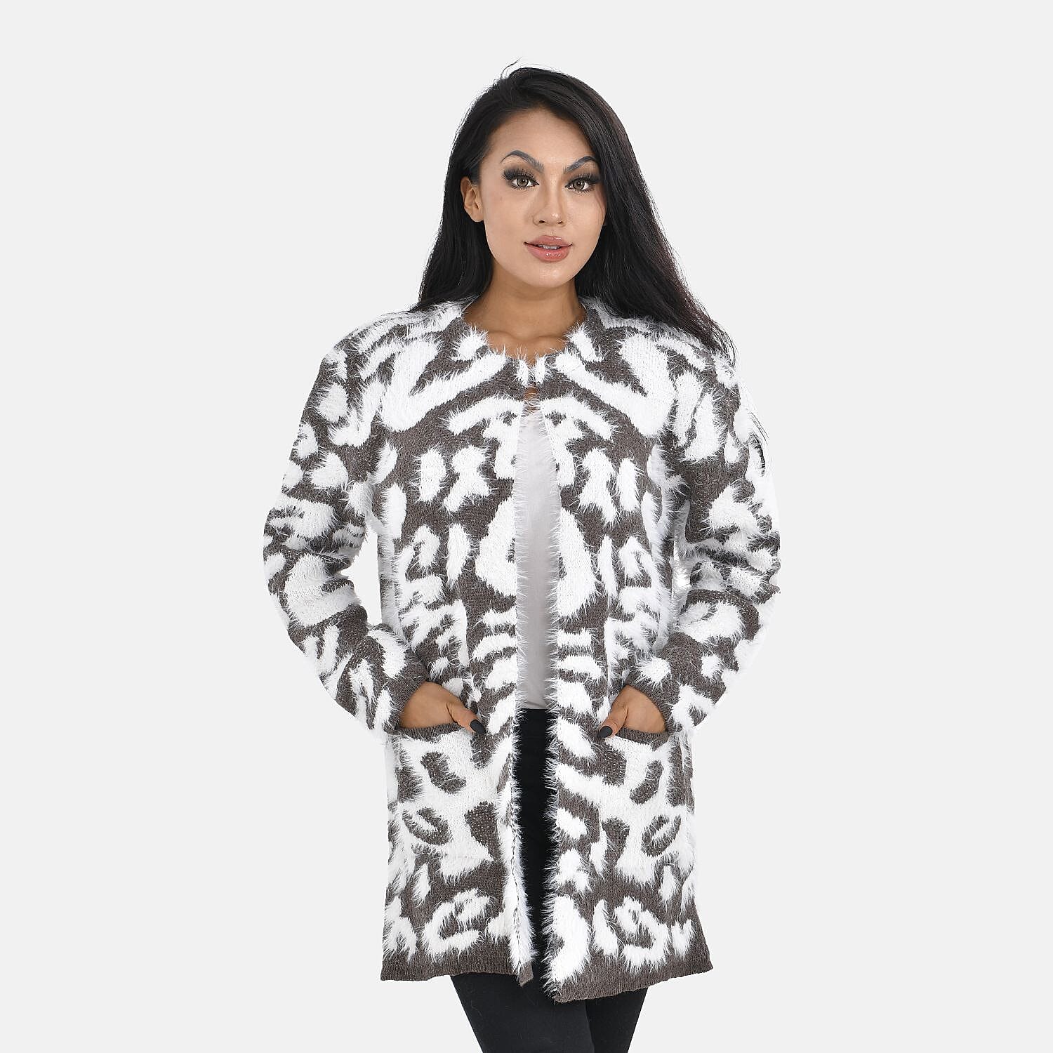 Tamsy Leopard Print Crew Neck Cardigan with Pockets (Size 110x82 cm) - Brown - White