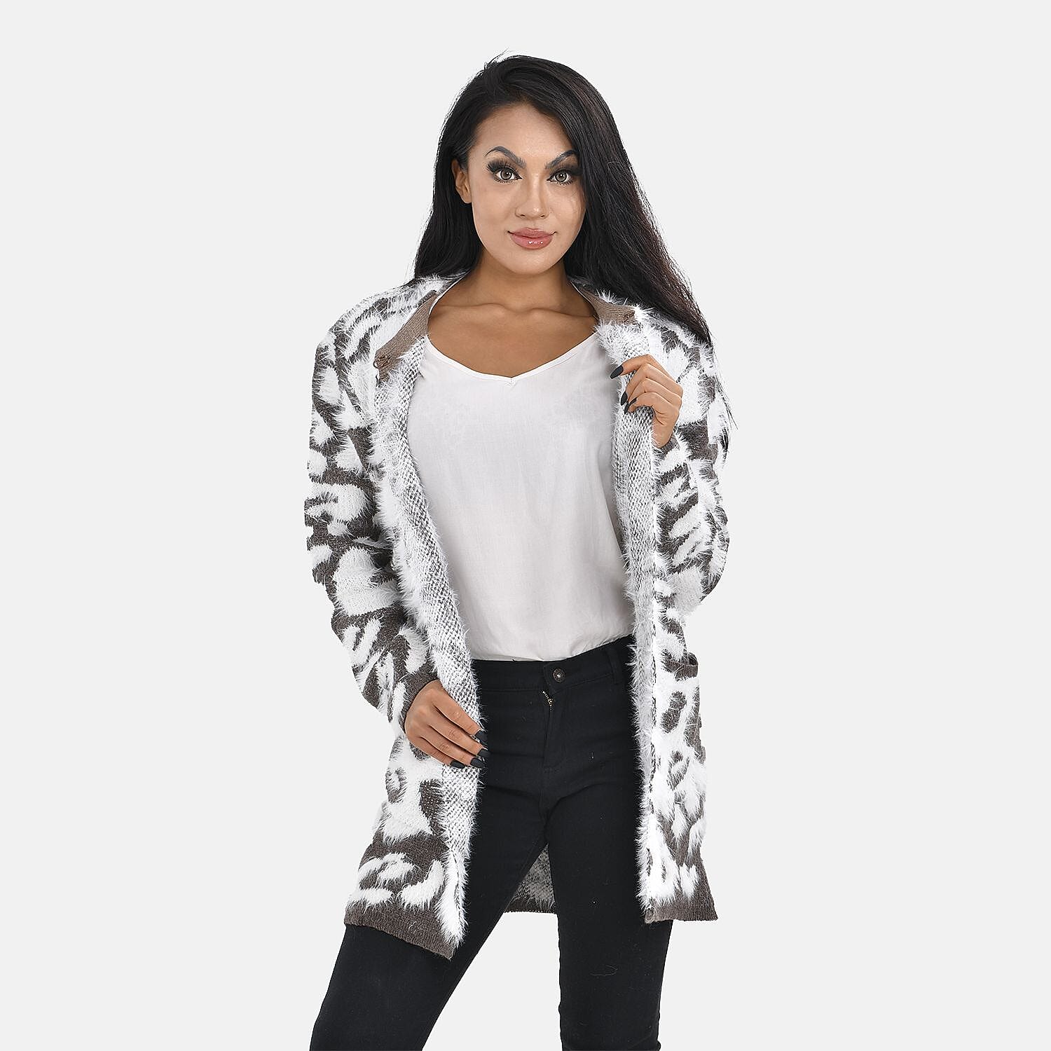 Tamsy Leopard Print Crew Neck Cardigan with Pockets (Size 110x82 cm) - Brown - White