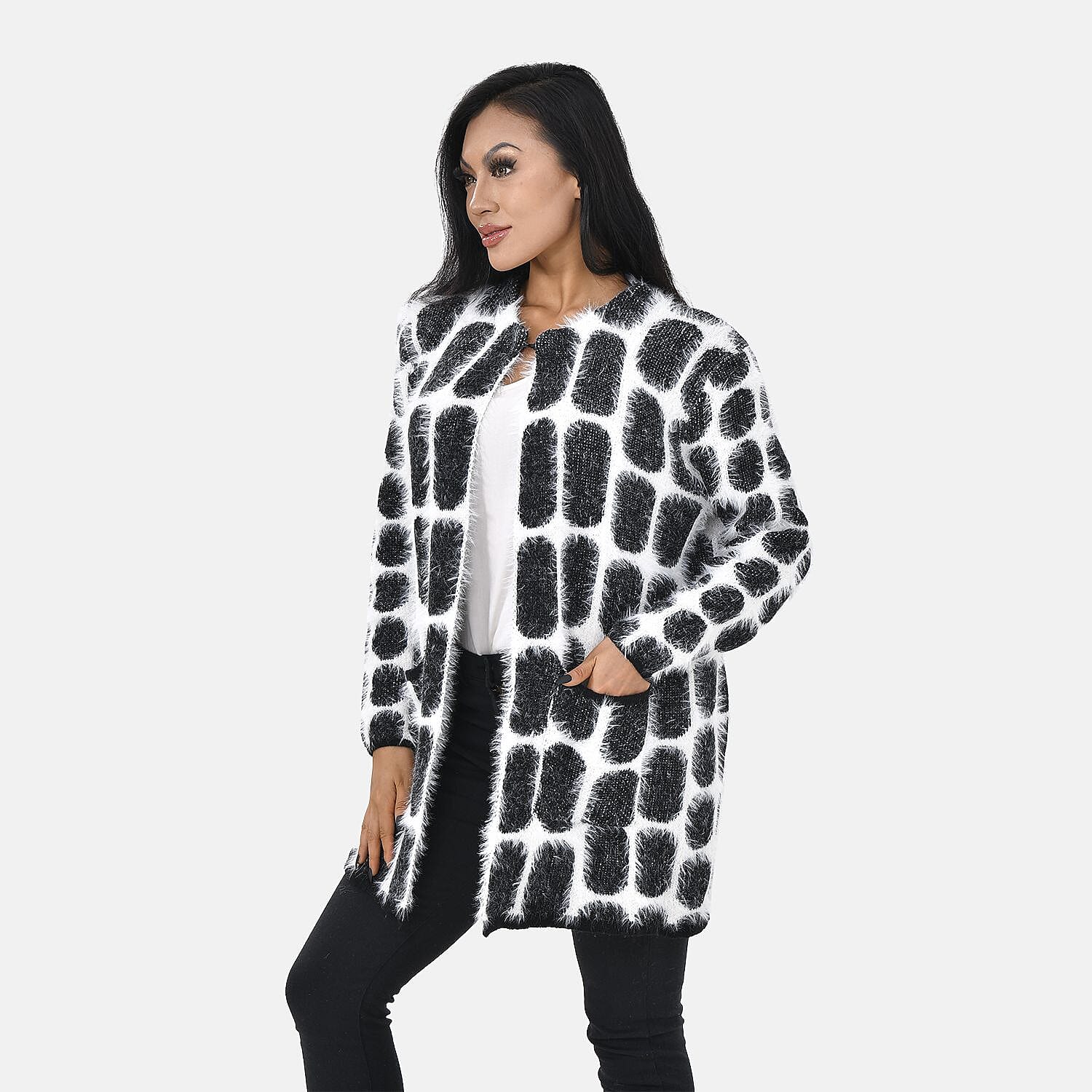 Tamsy Crew Neck Cardigan with Pockets (Size 110x82 cm) - Black - White