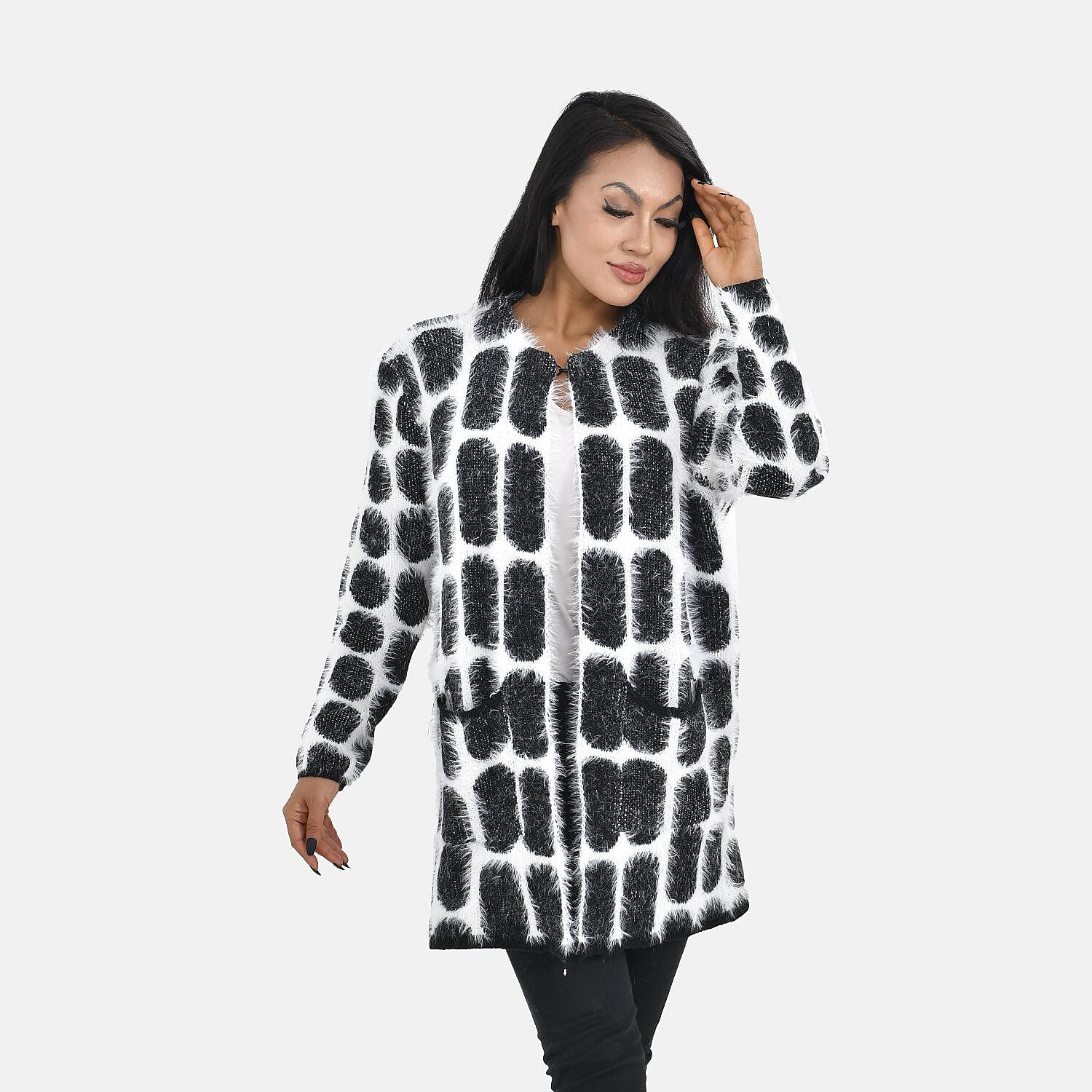 Tamsy Crew Neck Cardigan with Pockets (Size 110x82 cm) - Black - White