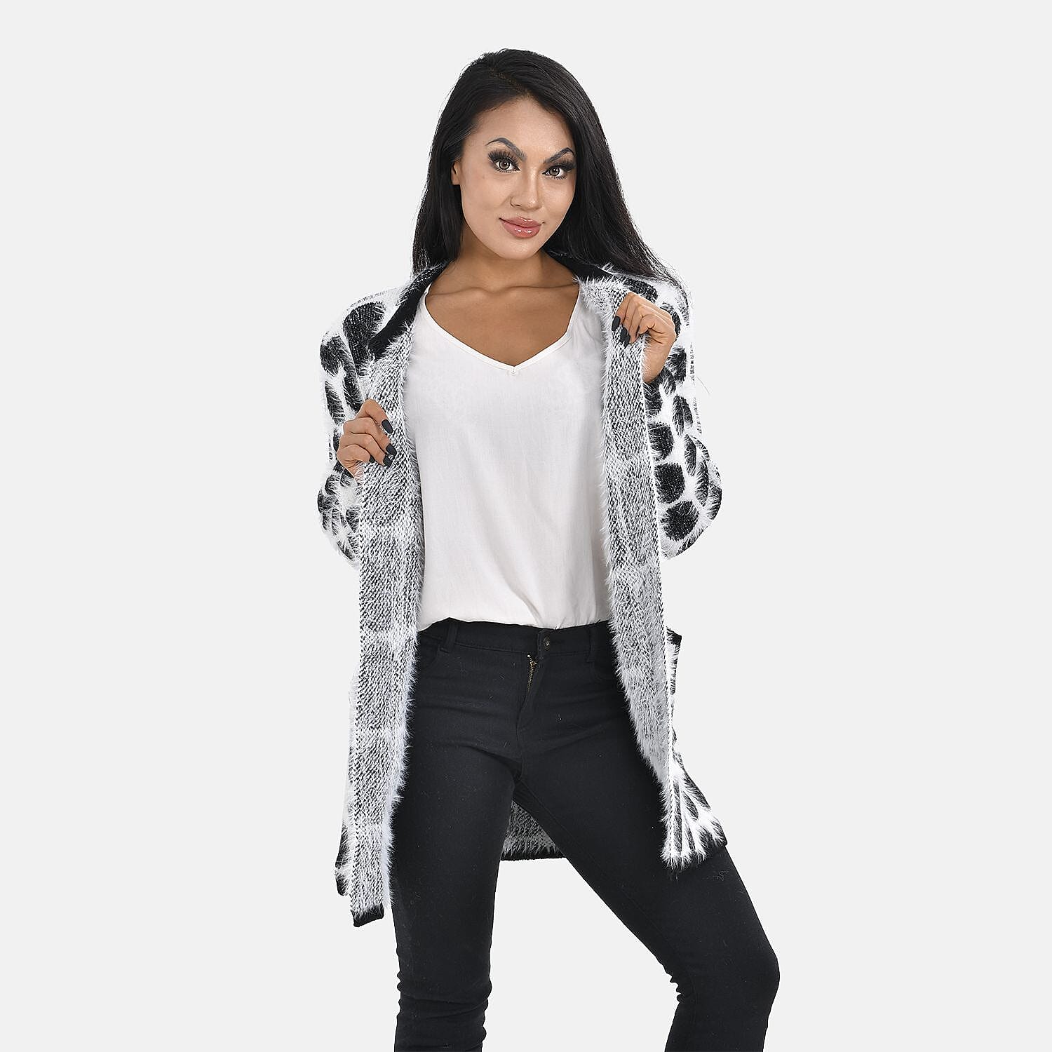 Tamsy Crew Neck Cardigan with Pockets (Size 110x82 cm) - Black - White