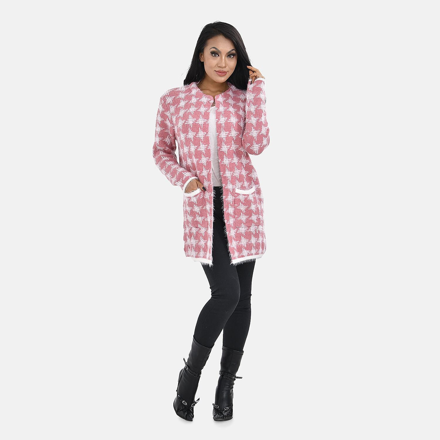 Tamsy Crew Neck Cardigan with Pockets (Size 110x82 cm) - Pink & White