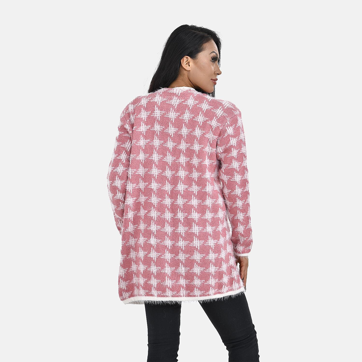 Tamsy Crew Neck Cardigan with Pockets (Size 110x82 cm) - Pink & White