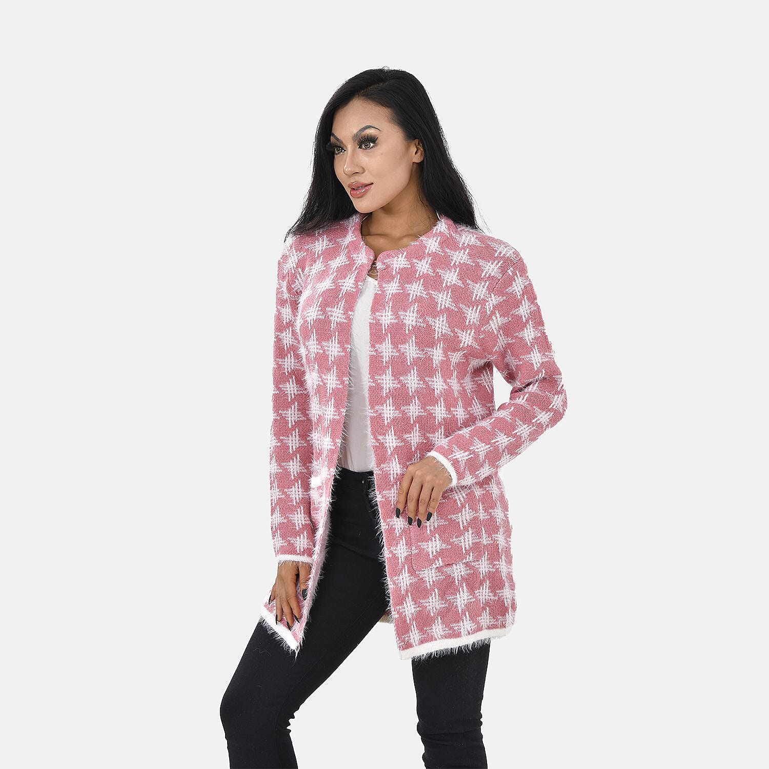Tamsy Crew Neck Cardigan with Pockets (Size 110x82 cm) - Pink & White