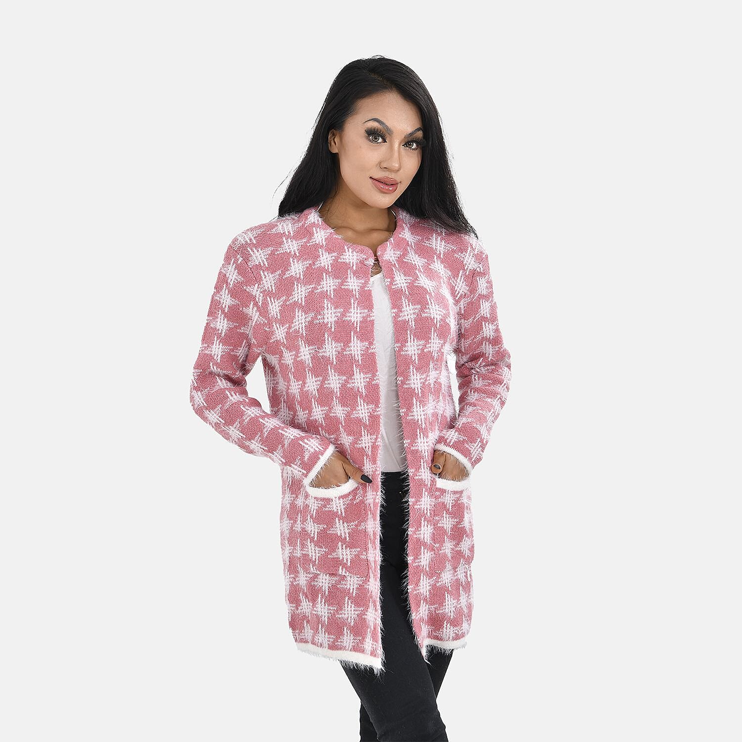 Tamsy Crew Neck Cardigan with Pockets (Size 110x82 cm) - Pink & White