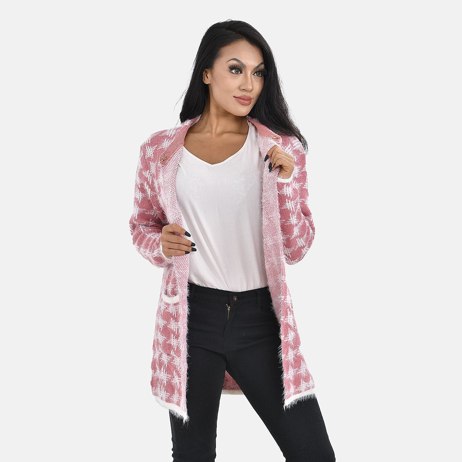 Tamsy Crew Neck Cardigan with Pockets (Size 110x82 cm) - Pink & White