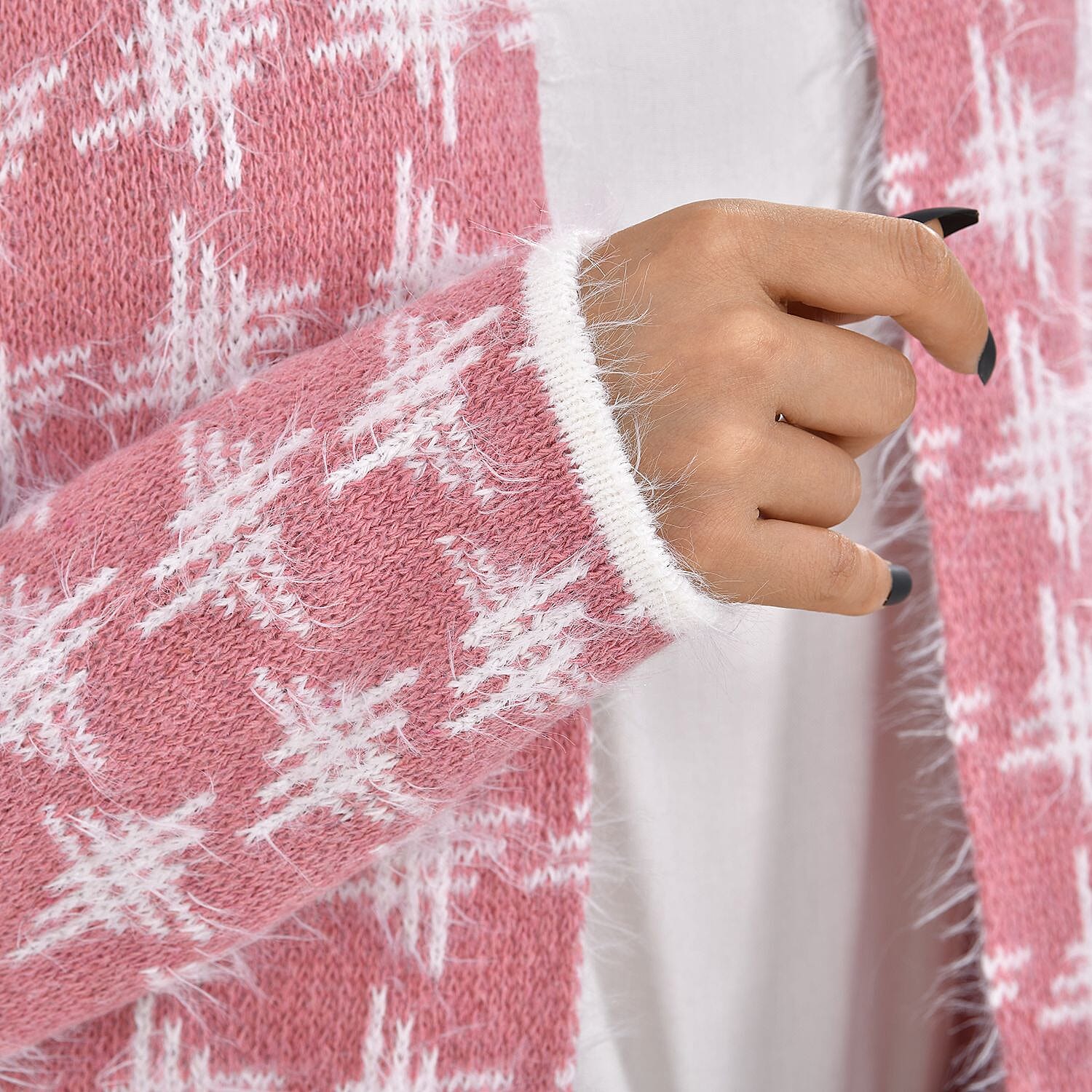 Tamsy Crew Neck Cardigan with Pockets (Size 110x82 cm) - Pink & White