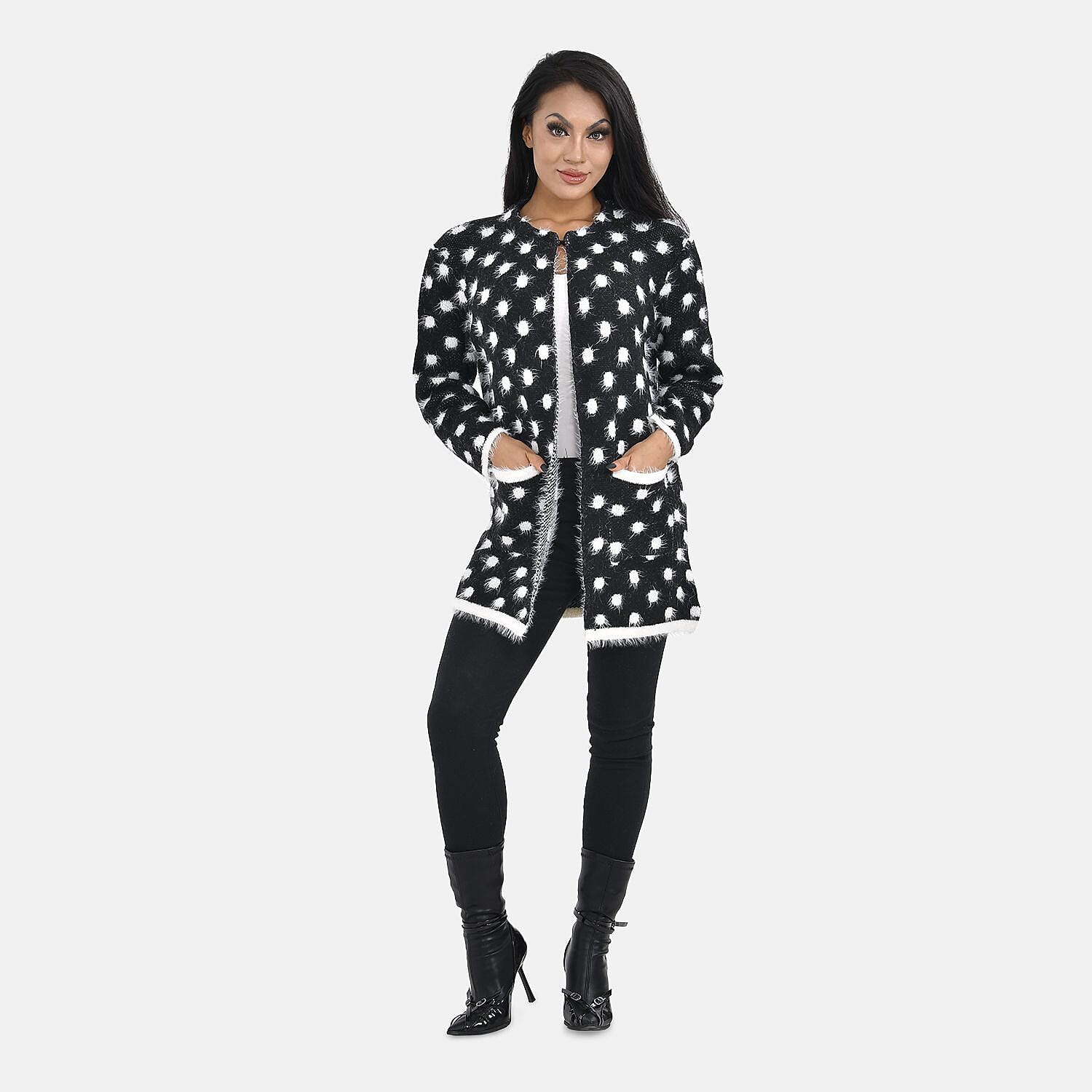 Tamsy Dot Pattern Crew Neck Cardigan with Pockets (Size 8-16) - Black