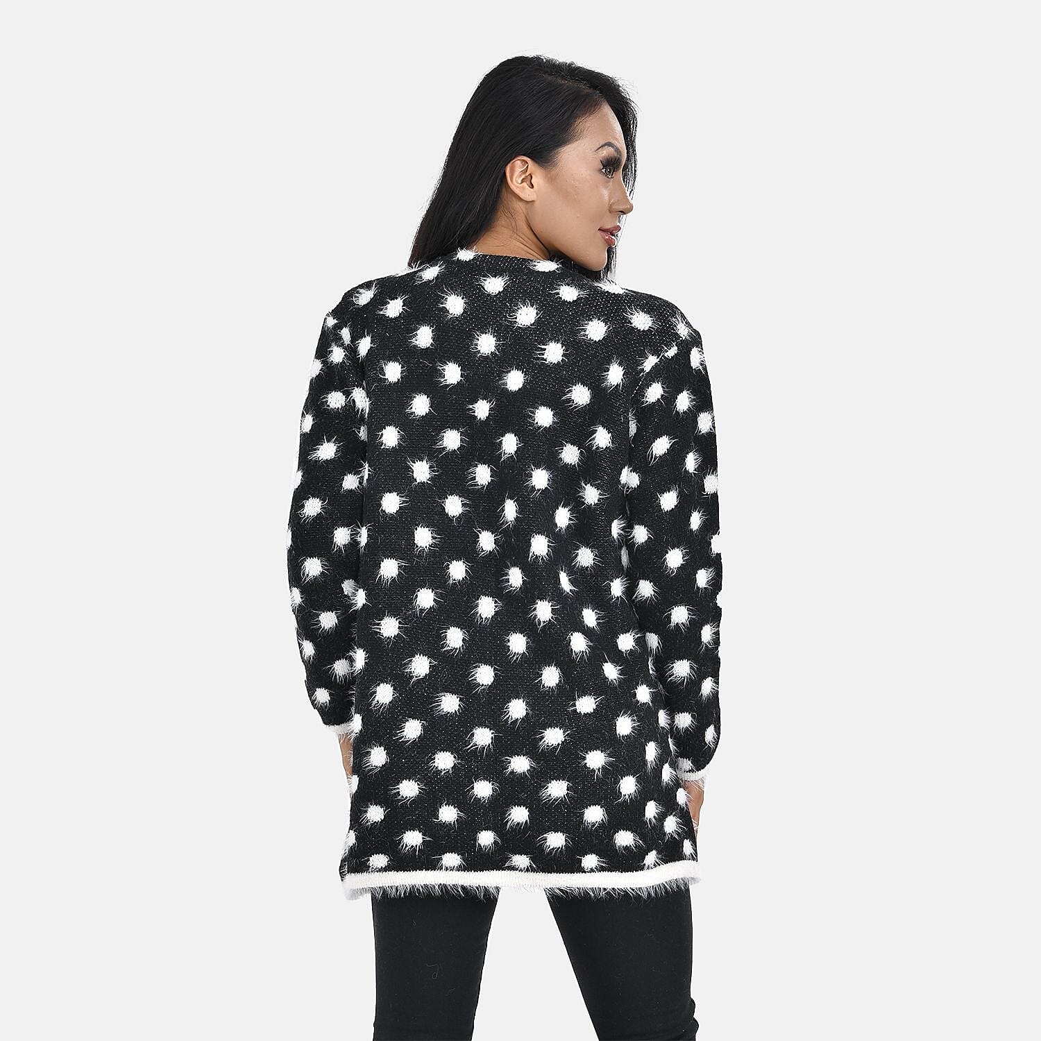 Tamsy Dot Pattern Crew Neck Cardigan with Pockets (Size 8-16) - Black