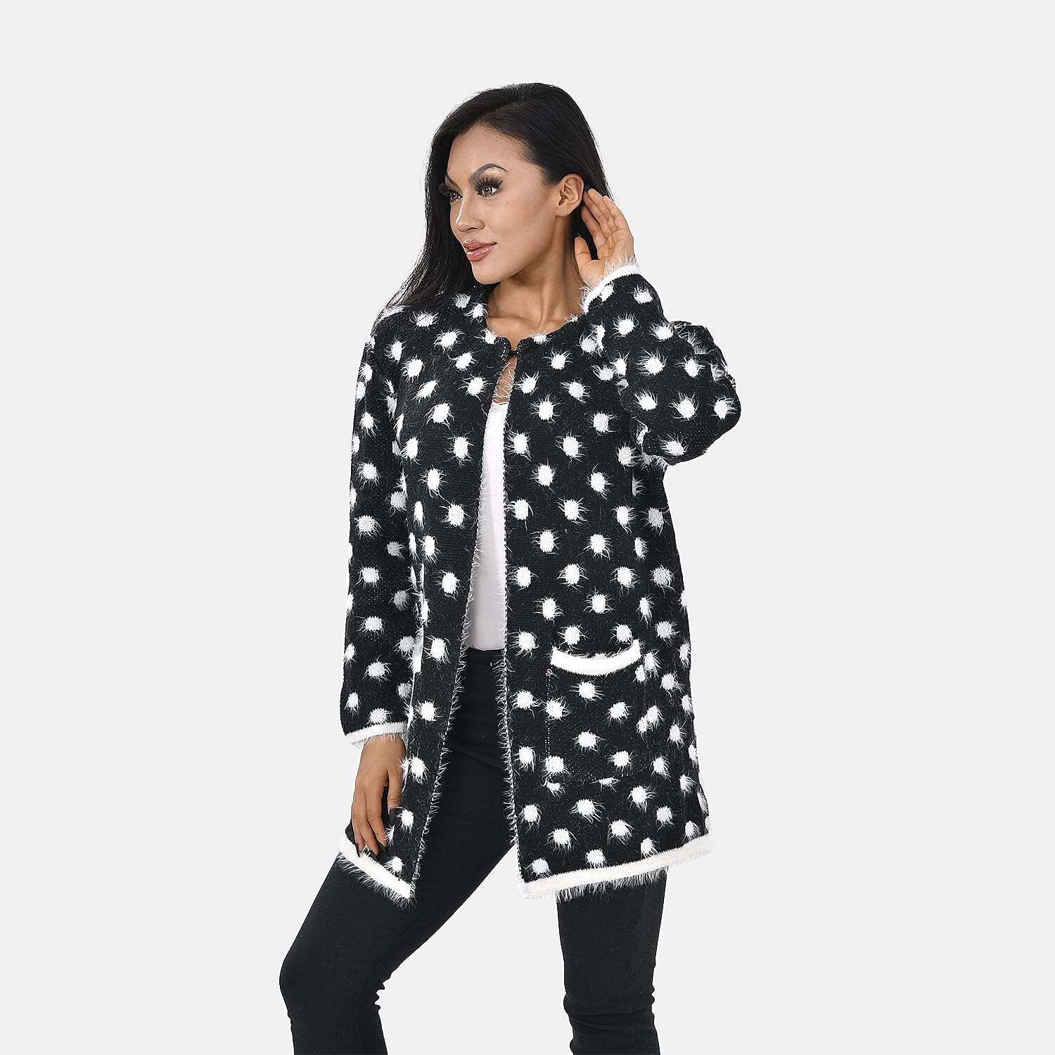 Tamsy Dot Pattern Crew Neck Cardigan with Pockets (Size 8-16) - Black