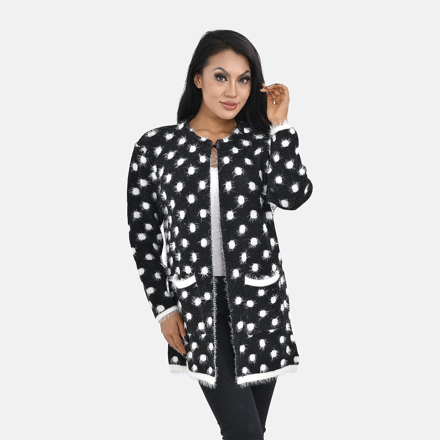 Tamsy Dot Pattern Crew Neck Cardigan with Pockets (Size 8-16) - Black