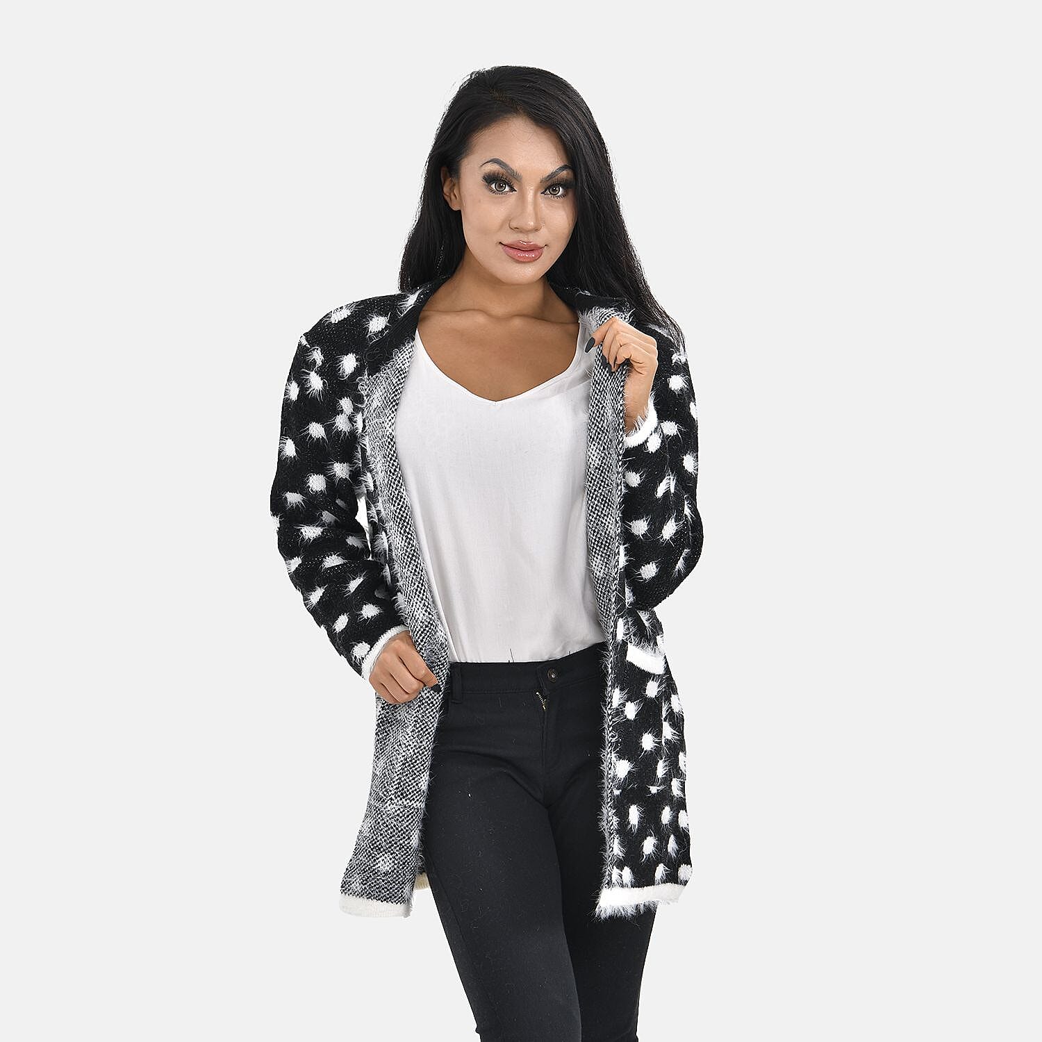 Tamsy Dot Pattern Crew Neck Cardigan with Pockets (Size 8-16) - Black