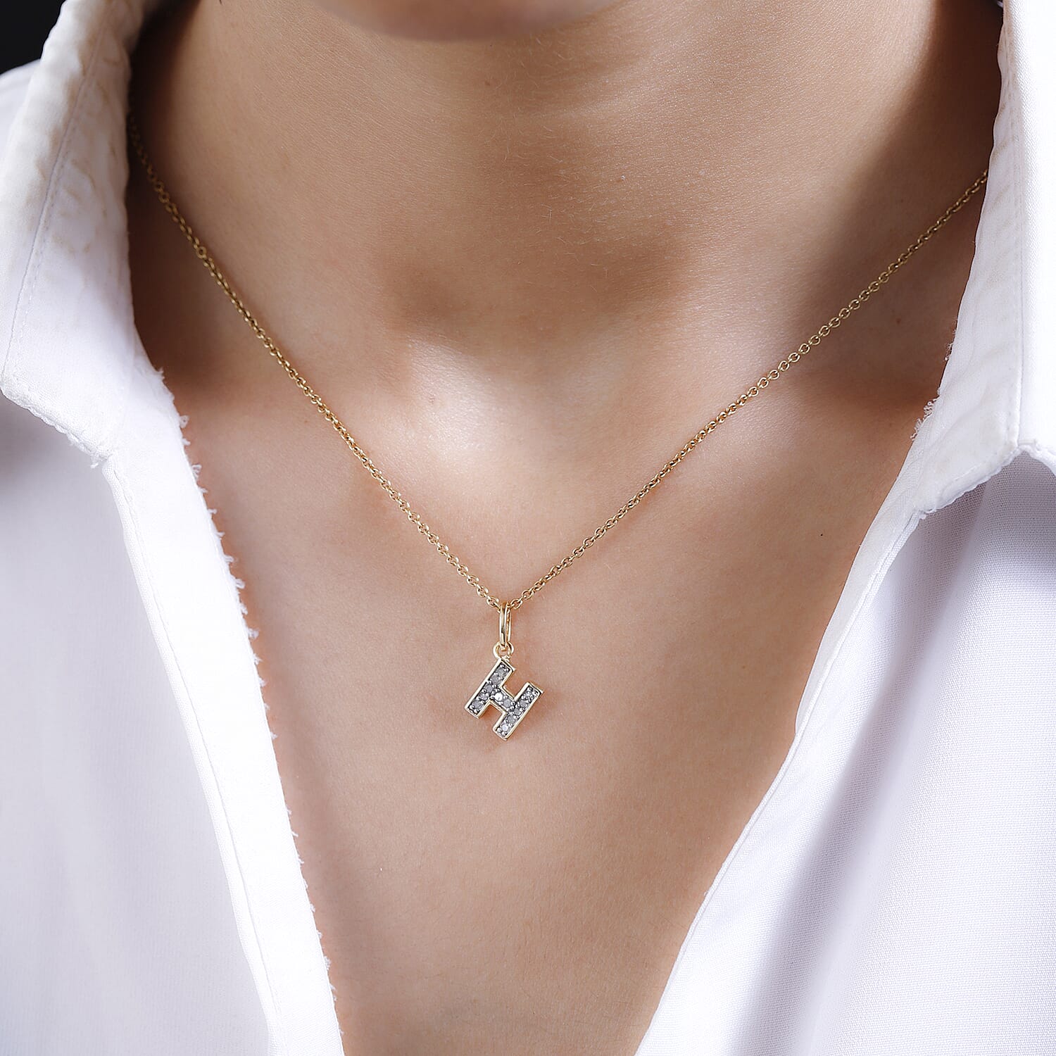 Diamond Initial H Pendant in 18K Vermeil Yellow Gold Plated Sterling Silver 0.17 Ct