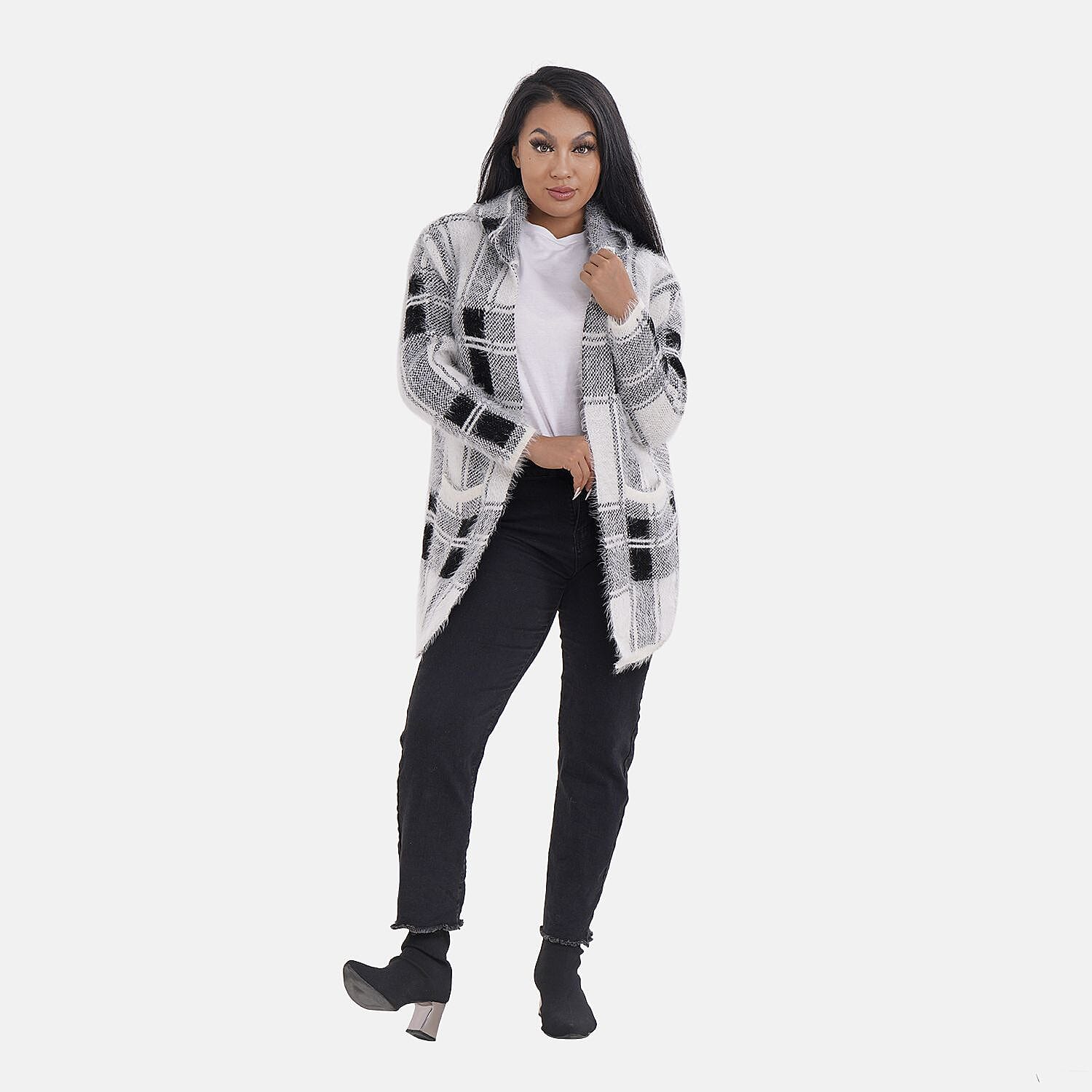 Check Pattern Winter Hoodie Coatigan - Black & White