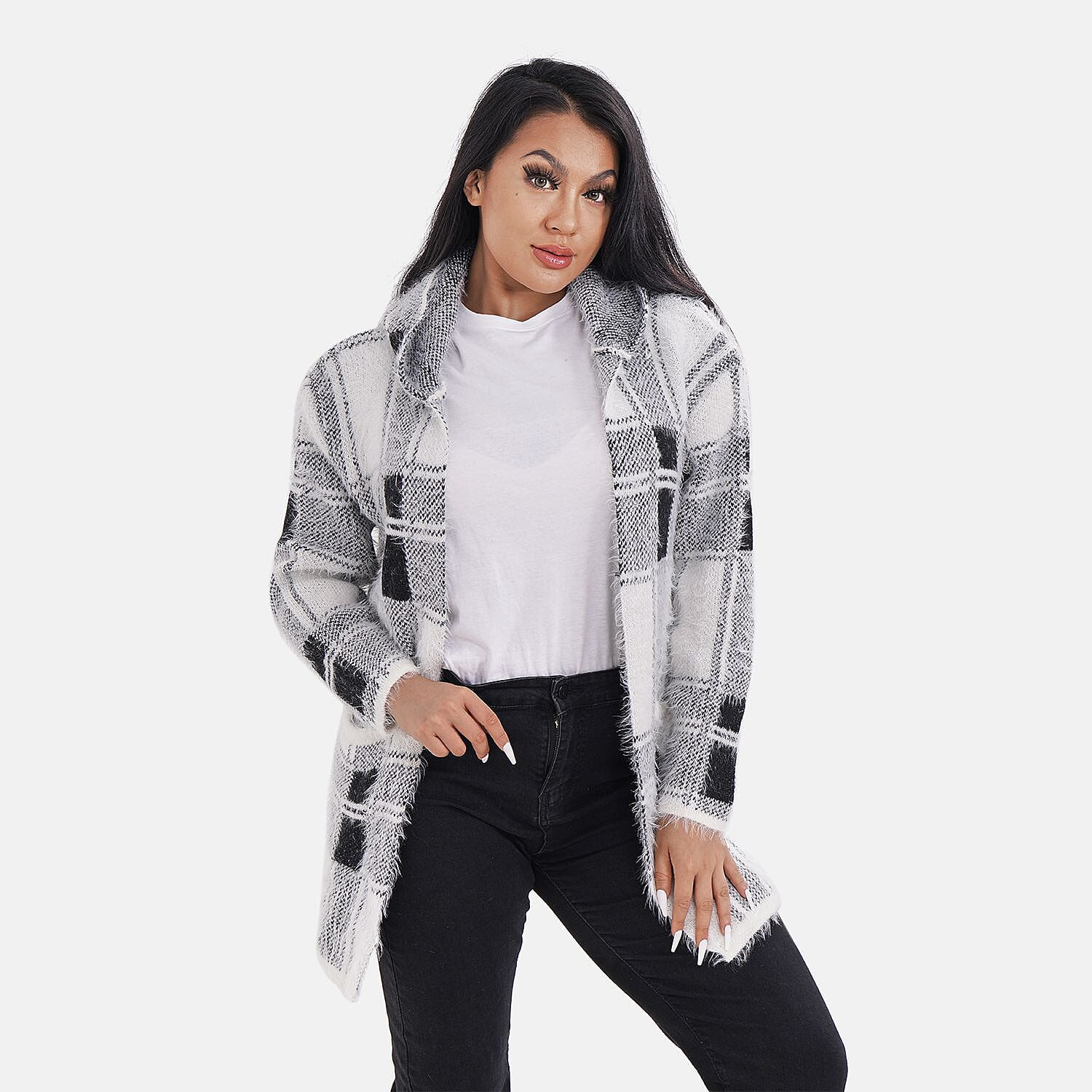 Check Pattern Winter Hoodie Coatigan - Black & White