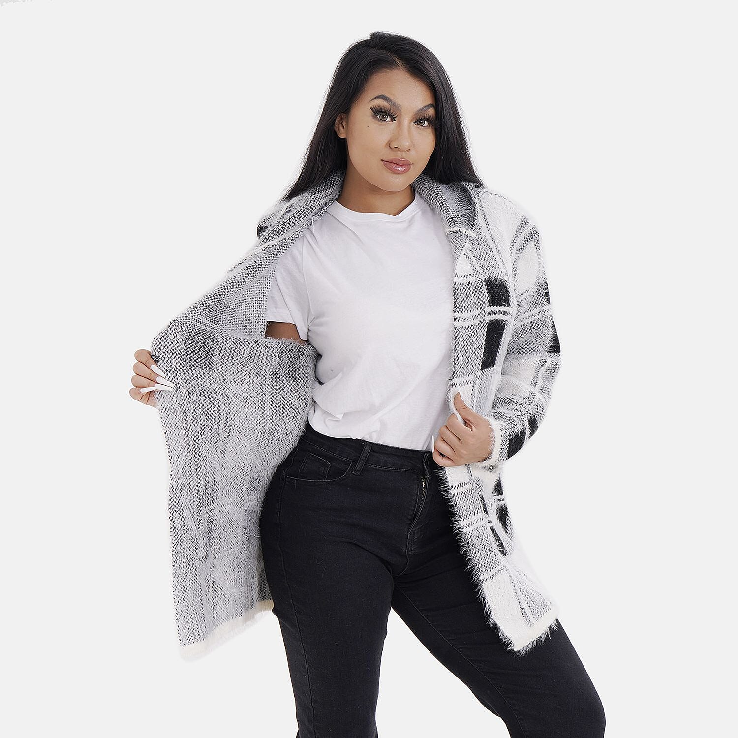 Check Pattern Winter Hoodie Coatigan - Black & White