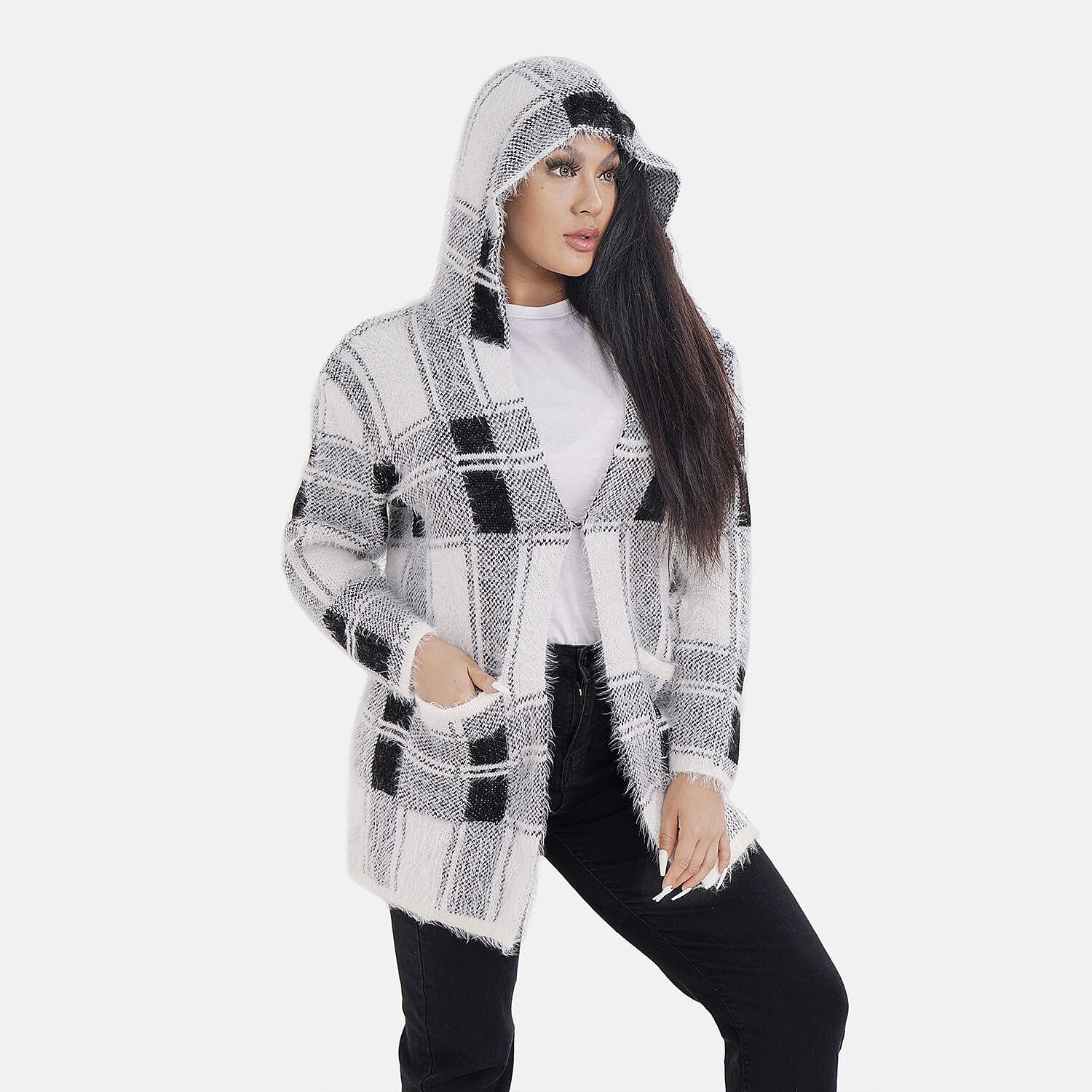 Check Pattern Winter Hoodie Coatigan - Black & White
