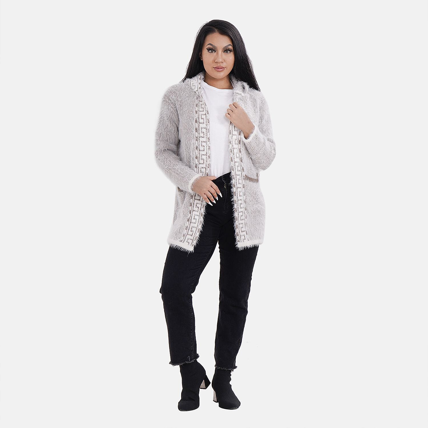 Greek Key Pattern Winter Hoodie Coatigan (One Size Upto 22) - Brown