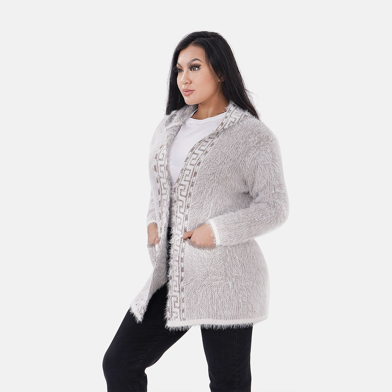 Greek Key Pattern Winter Hoodie Coatigan (One Size Upto 22) - Brown