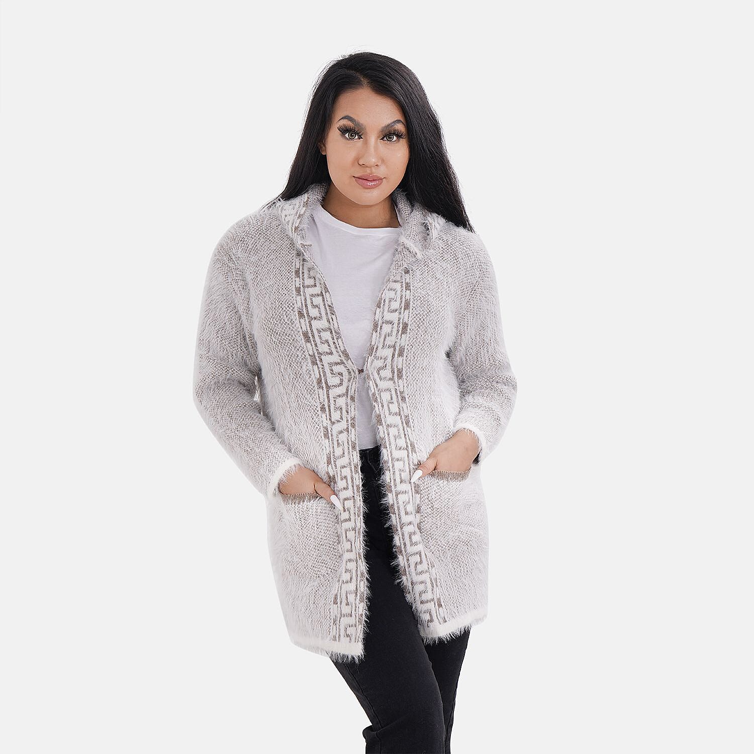 Greek Key Pattern Winter Hoodie Coatigan (One Size Upto 22) - Brown