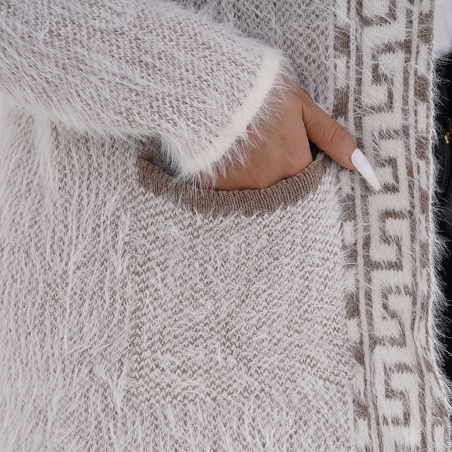 Greek Key Pattern Winter Hoodie Coatigan (One Size Upto 22) - Brown