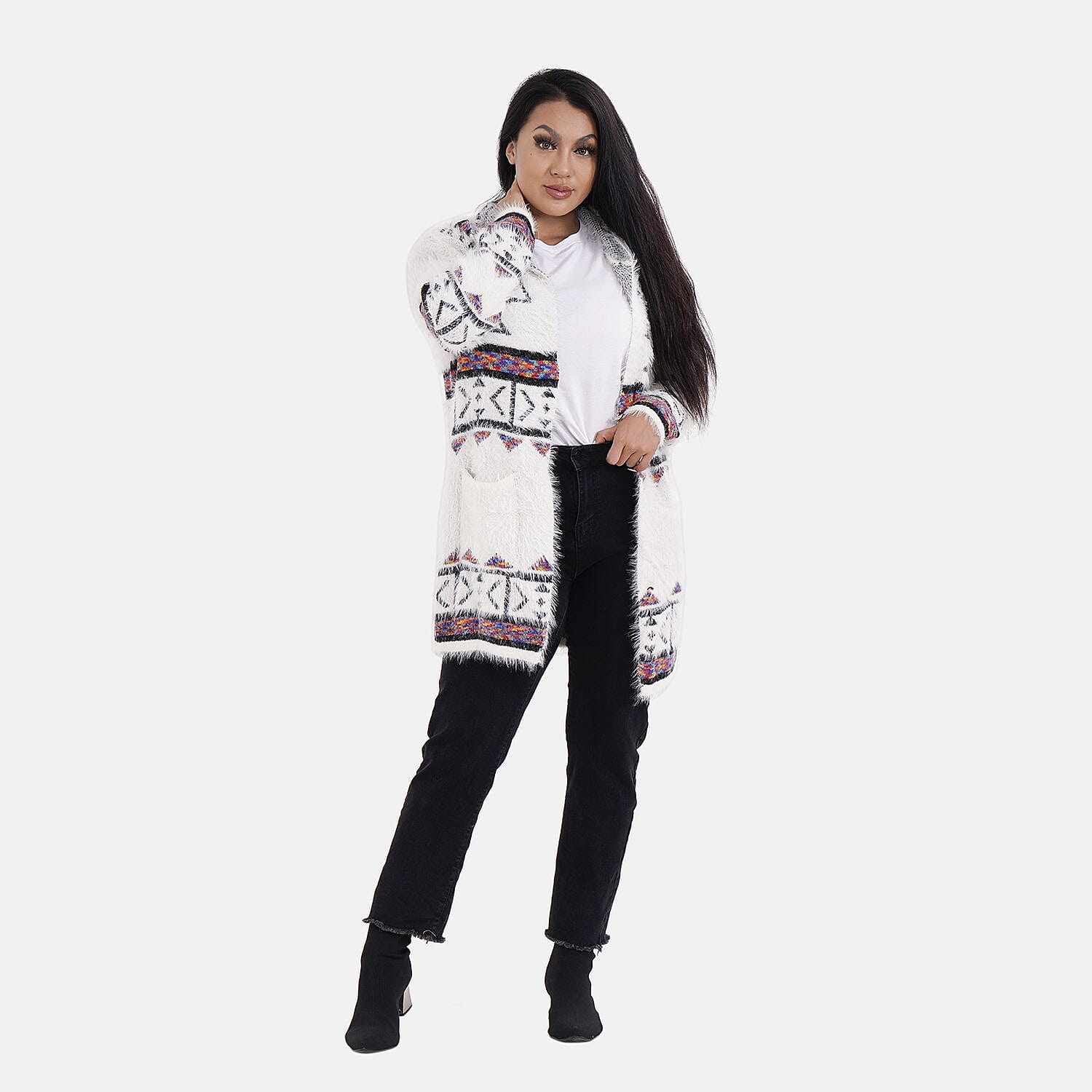 Triangular Pattern Winter Hoodie Coatigan (One Siz Upto 22) - White, Black - Multi
