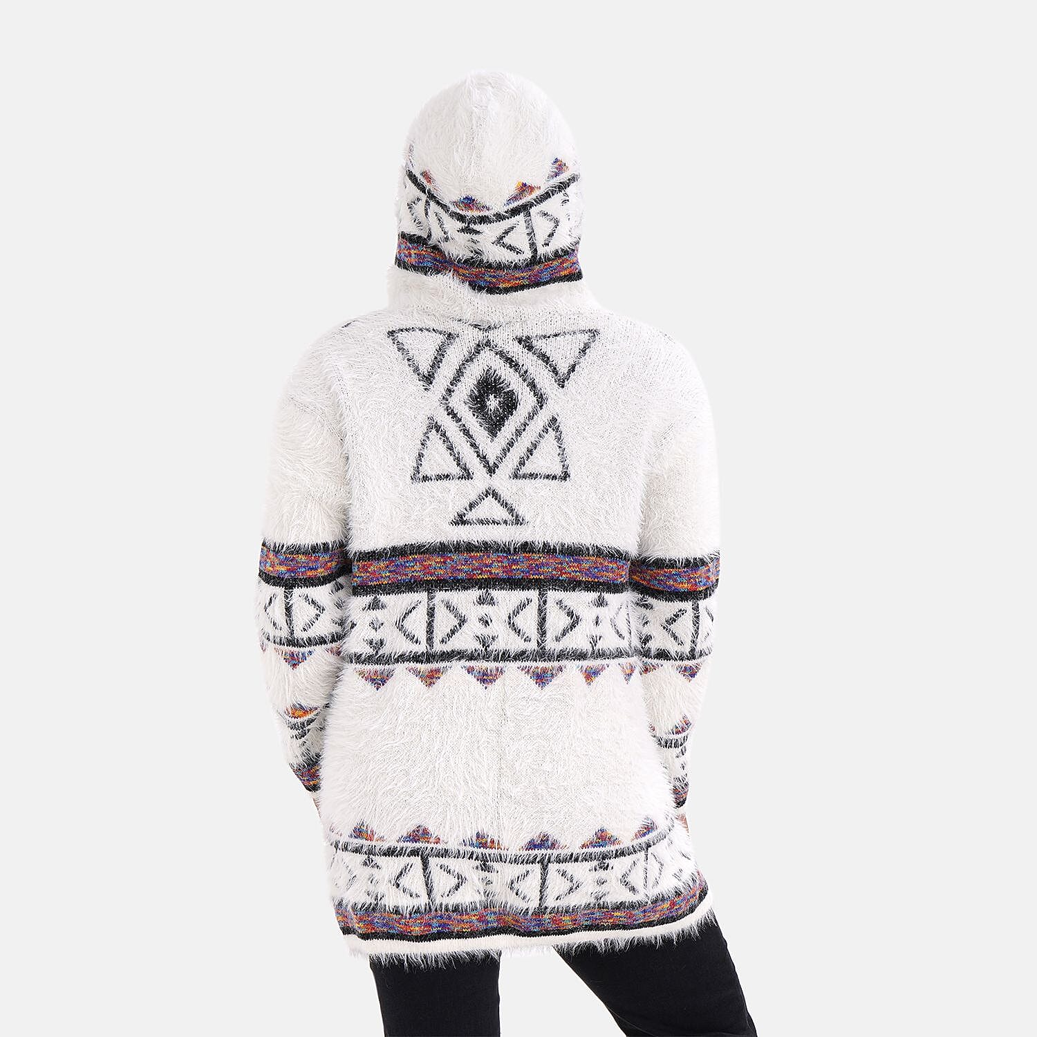Triangular Pattern Winter Hoodie Coatigan (One Siz Upto 22) - White, Black - Multi
