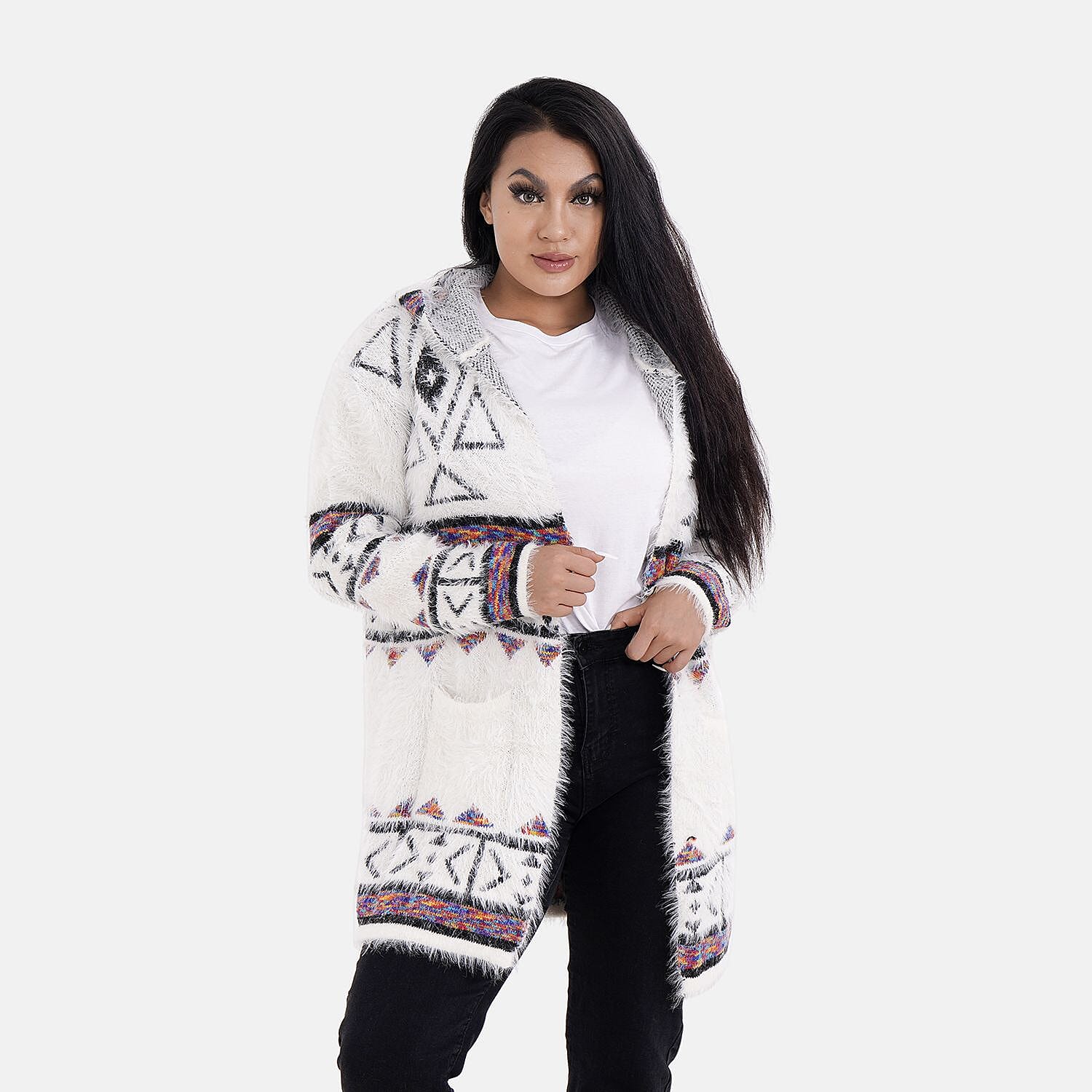 Triangular Pattern Winter Hoodie Coatigan (One Siz Upto 22) - White, Black - Multi