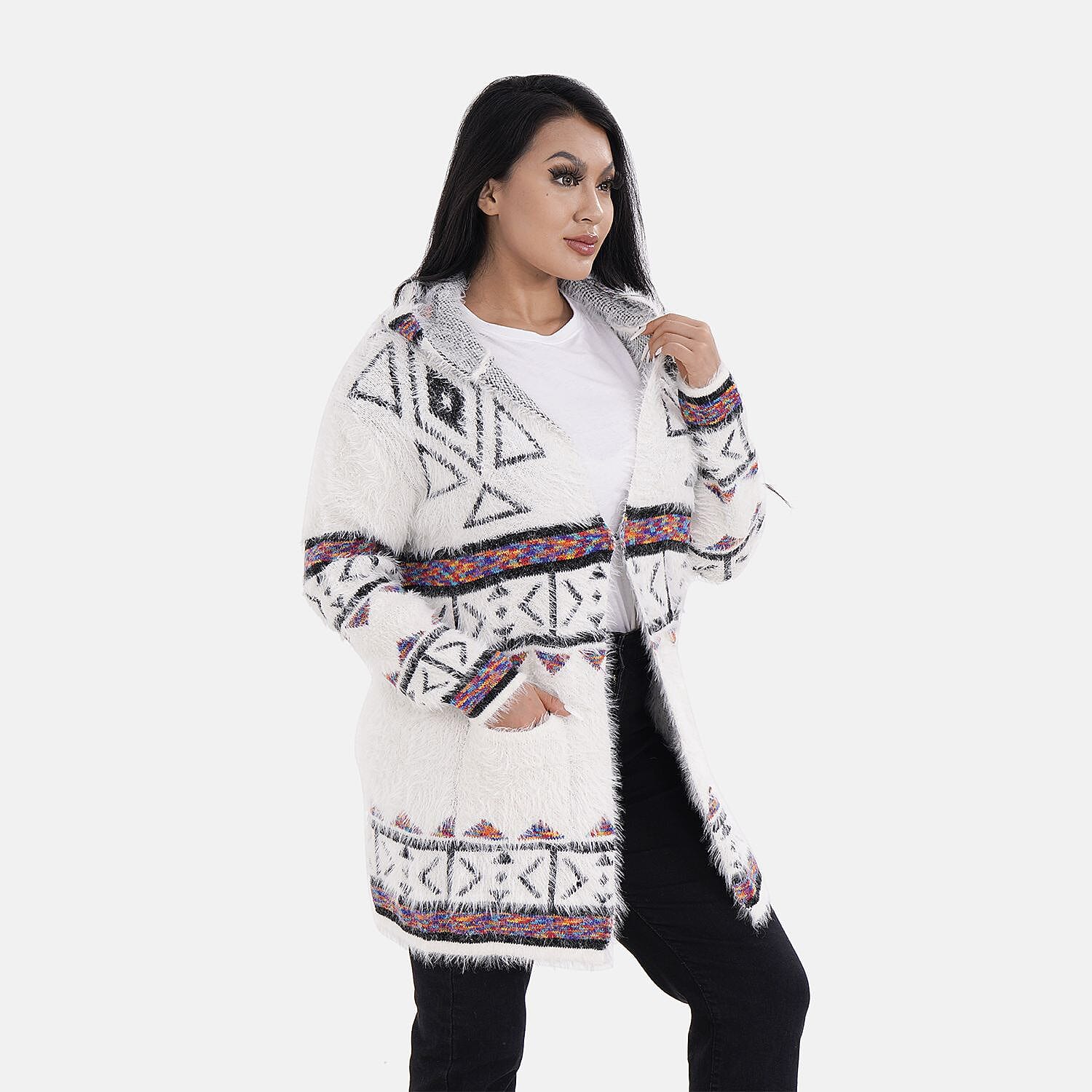 Triangular Pattern Winter Hoodie Coatigan (One Siz Upto 22) - White, Black - Multi