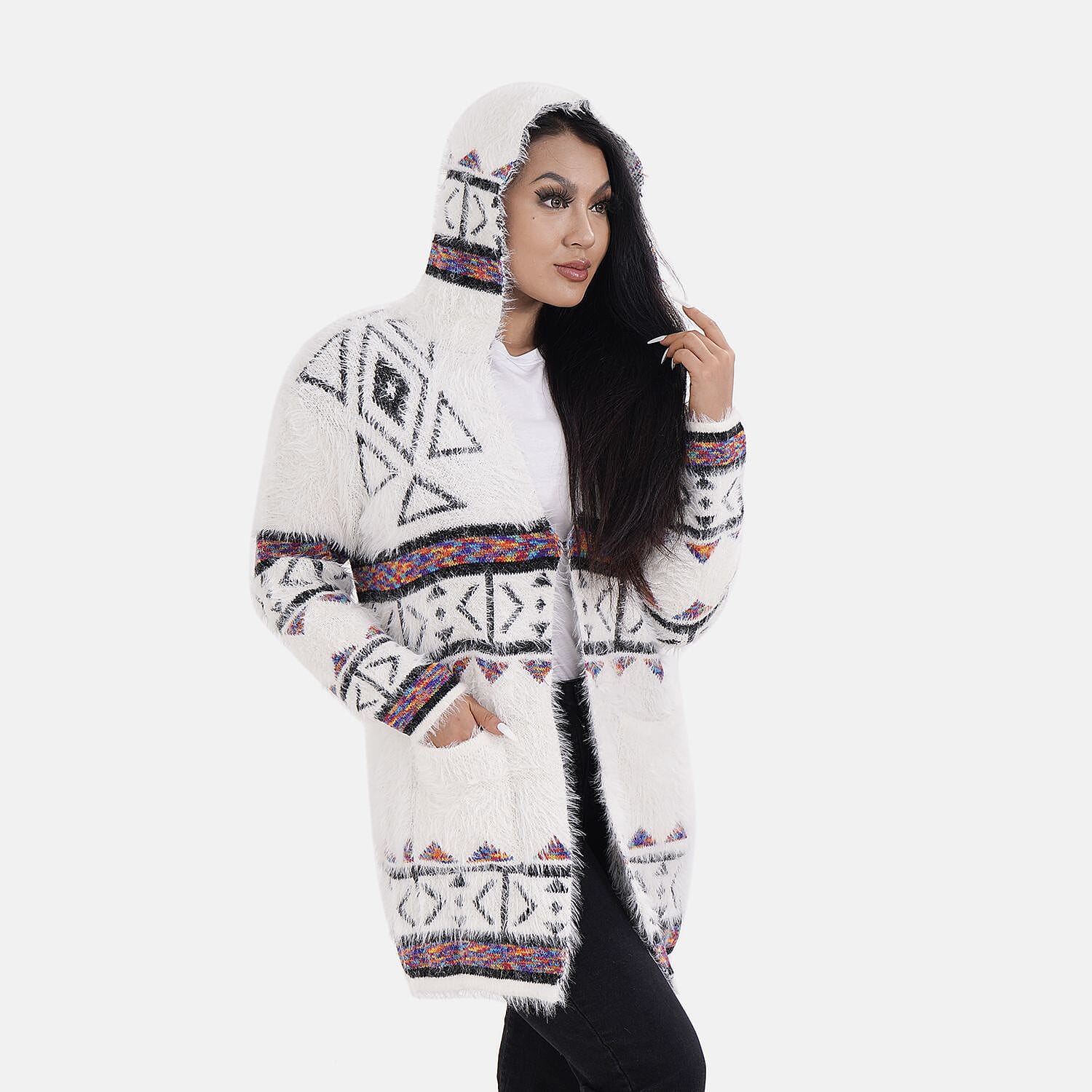Triangular Pattern Winter Hoodie Coatigan (One Siz Upto 22) - White, Black - Multi