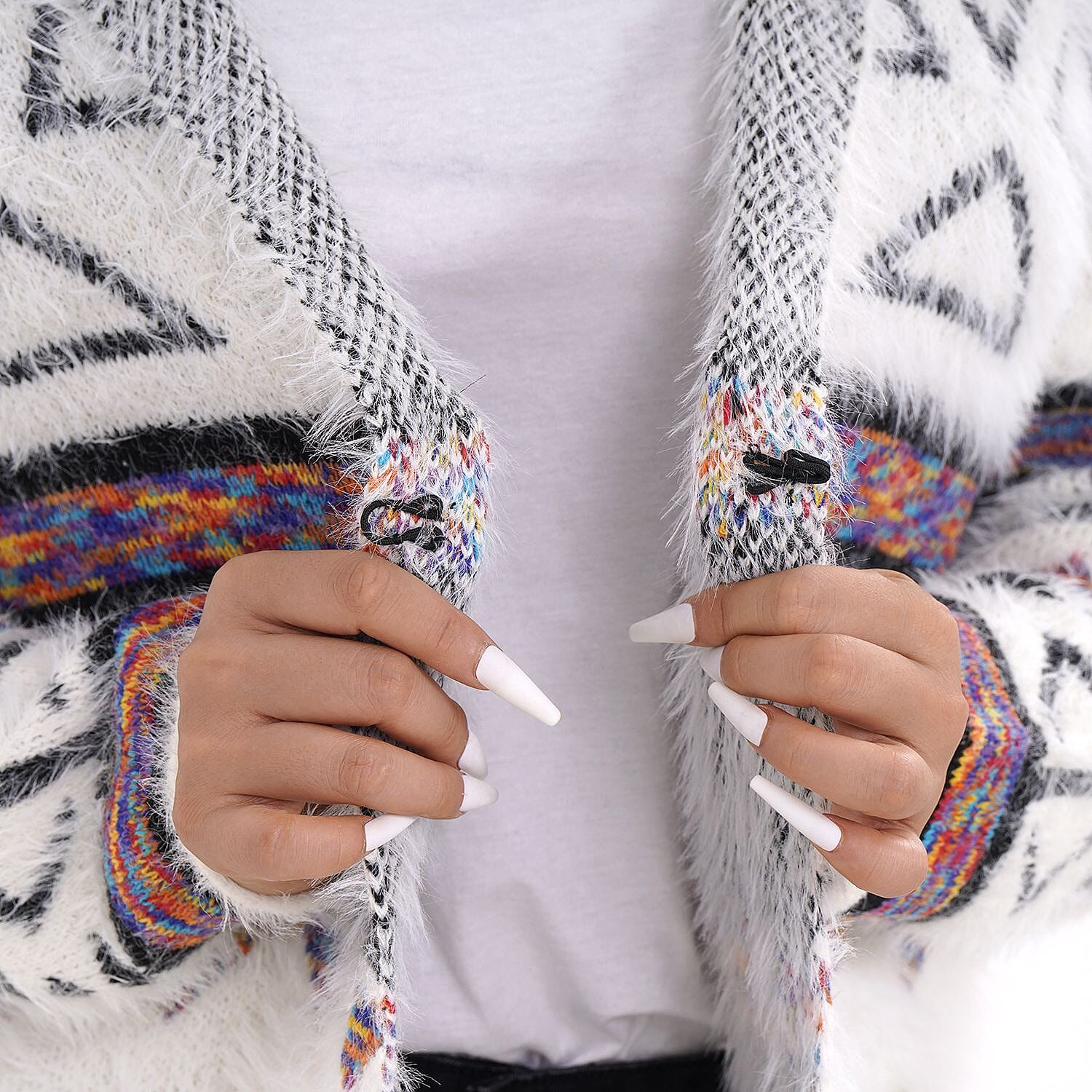 Triangular Pattern Winter Hoodie Coatigan (One Siz Upto 22) - White, Black - Multi