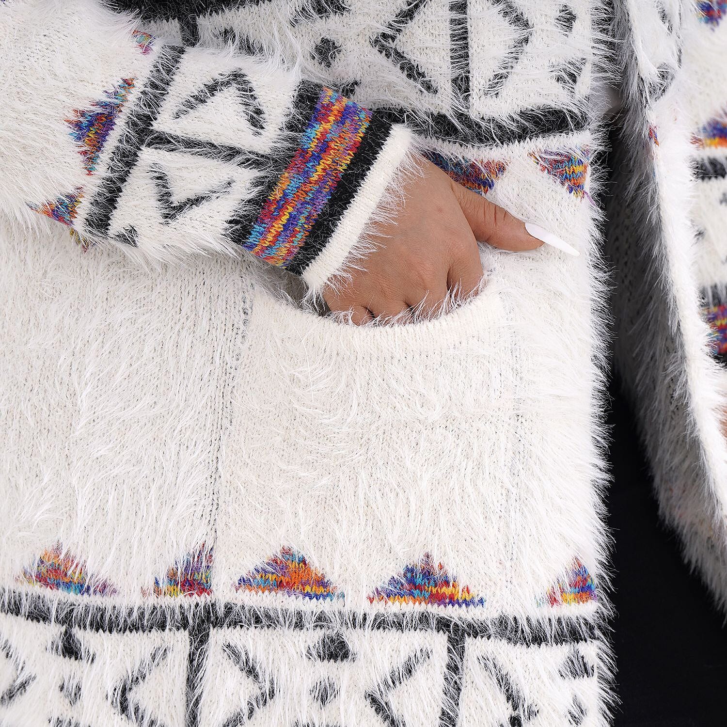 Triangular Pattern Winter Hoodie Coatigan (One Siz Upto 22) - White, Black - Multi