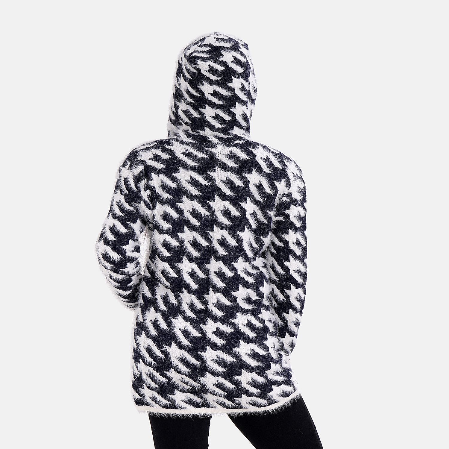 Tamsy Check Pattern Winter Hoodie Coatigan (One Size Up to 22) - Navy Blue - White