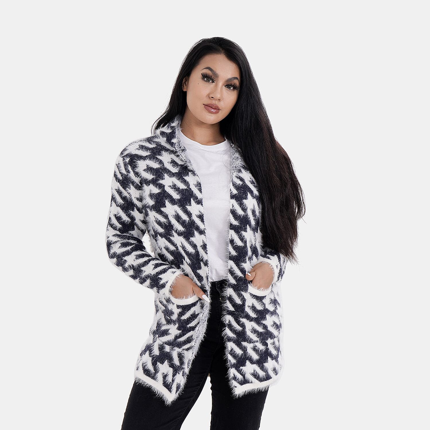 Tamsy Check Pattern Winter Hoodie Coatigan (One Size Up to 22) - Navy Blue - White