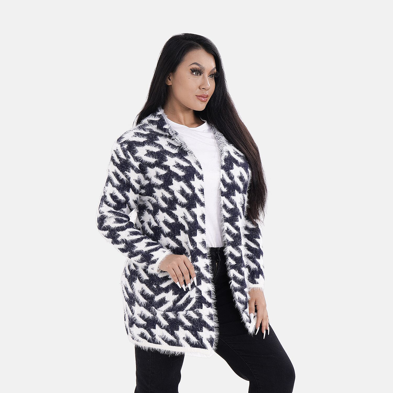 Tamsy Check Pattern Winter Hoodie Coatigan (One Size Up to 22) - Navy Blue - White