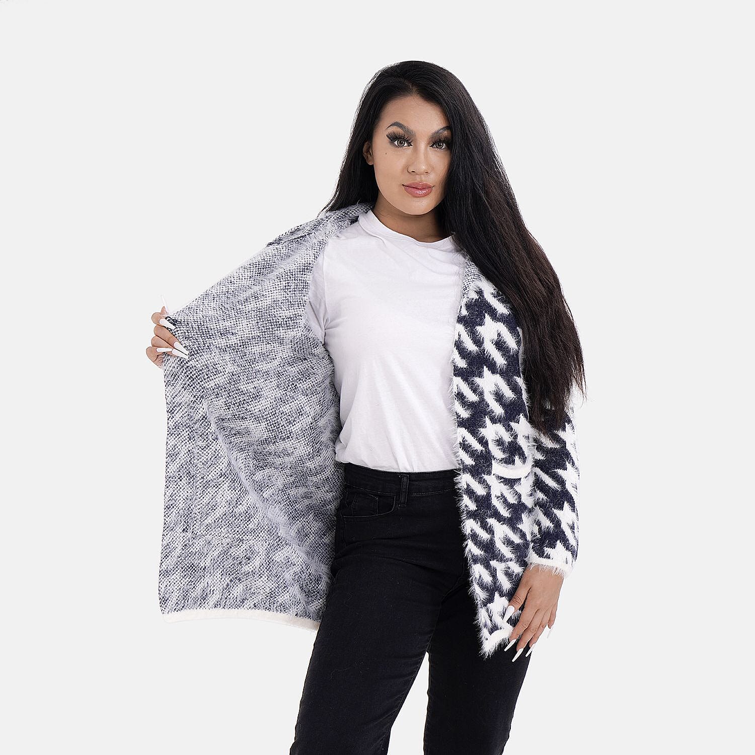 Tamsy Check Pattern Winter Hoodie Coatigan (One Size Up to 22) - Navy Blue - White