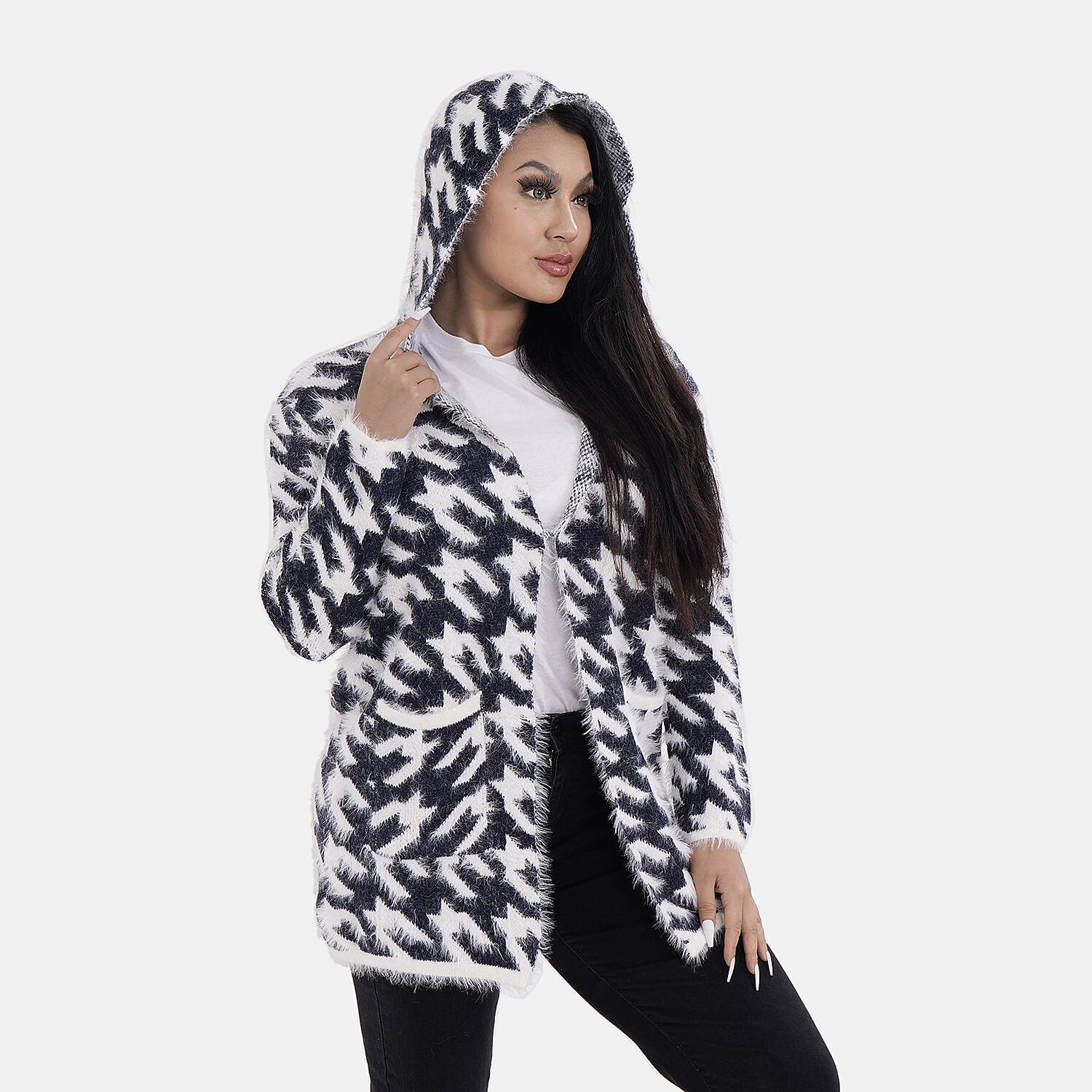 Tamsy Check Pattern Winter Hoodie Coatigan (One Size Up to 22) - Navy Blue - White