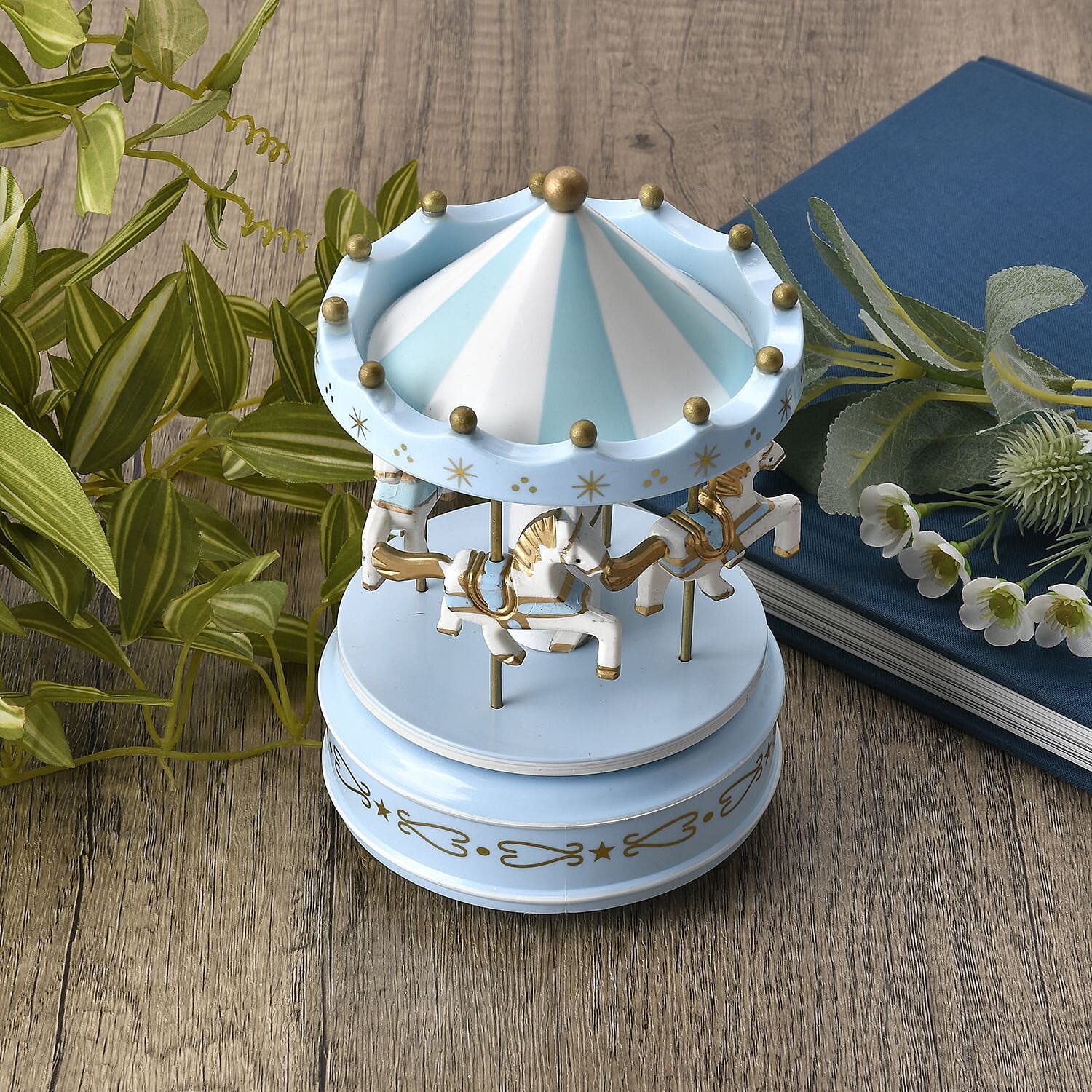 Handcrafted 4-horse Wood Carousel Musical Box - White & Pink