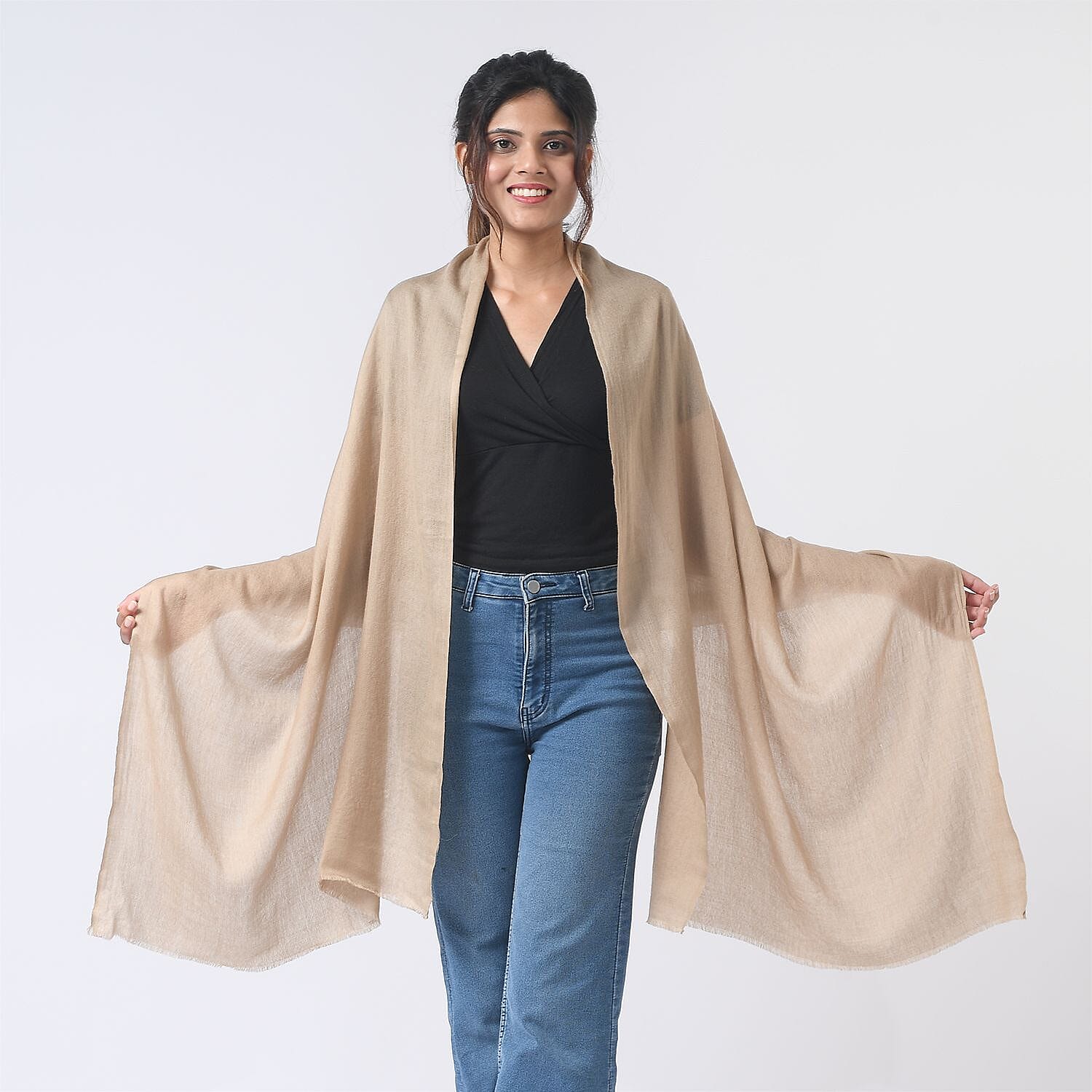 Mothers Day Gift Idea- La Marey 100% Cashmere Solid Scarf (Size 198x71 cm) - Beige