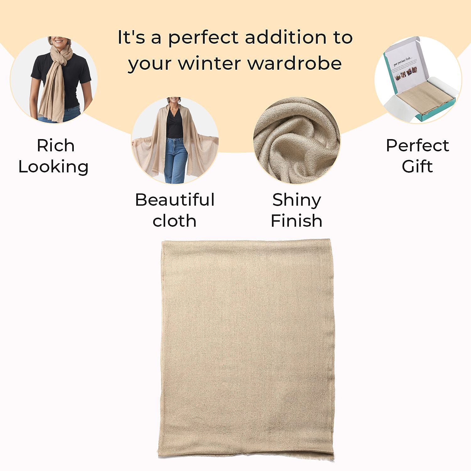 Mothers Day Gift Idea- La Marey 100% Cashmere Solid Scarf (Size 198x71 cm) - Beige