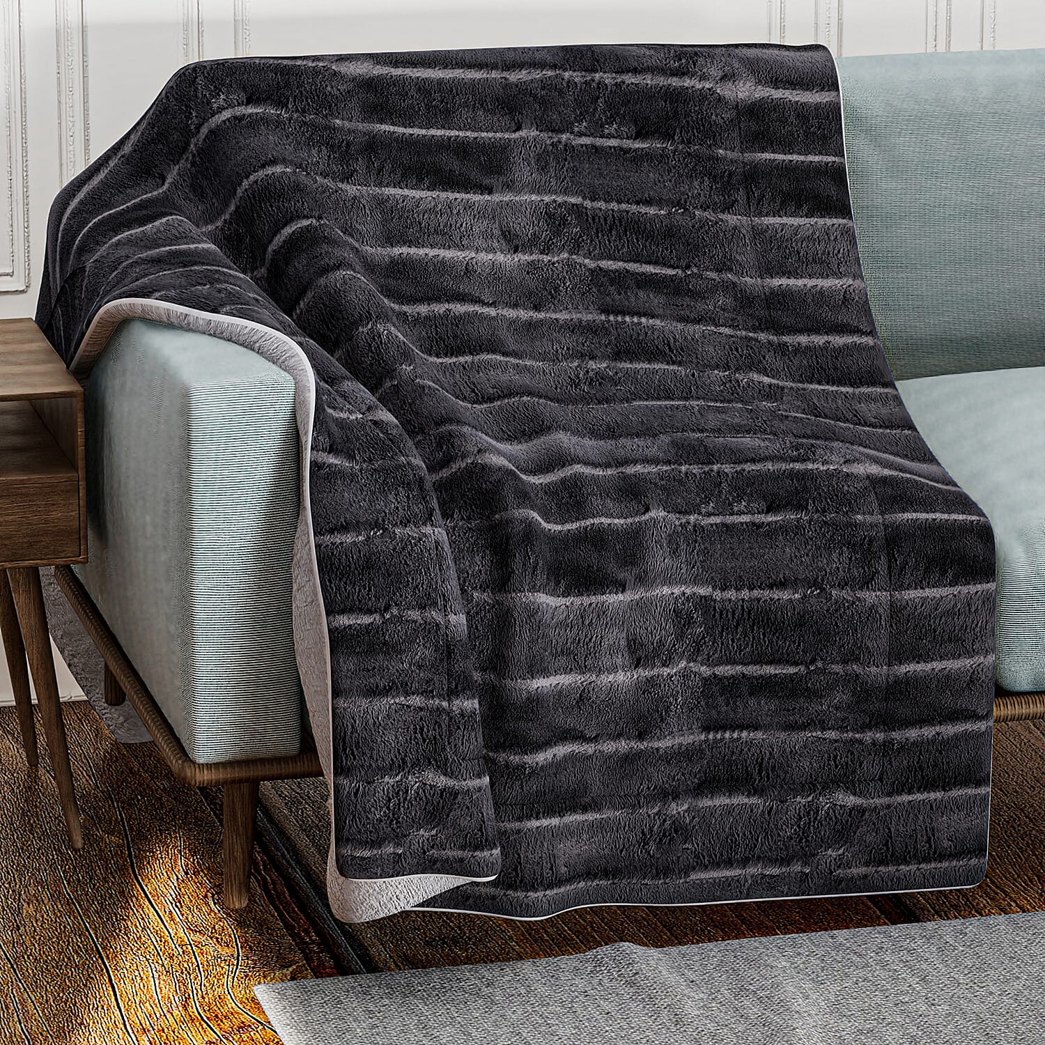 Ideal World Pick of the Day- Faux Rabbit Fur Patterned Blanket (Size 150 x 200 cm) - Dark Grey - White