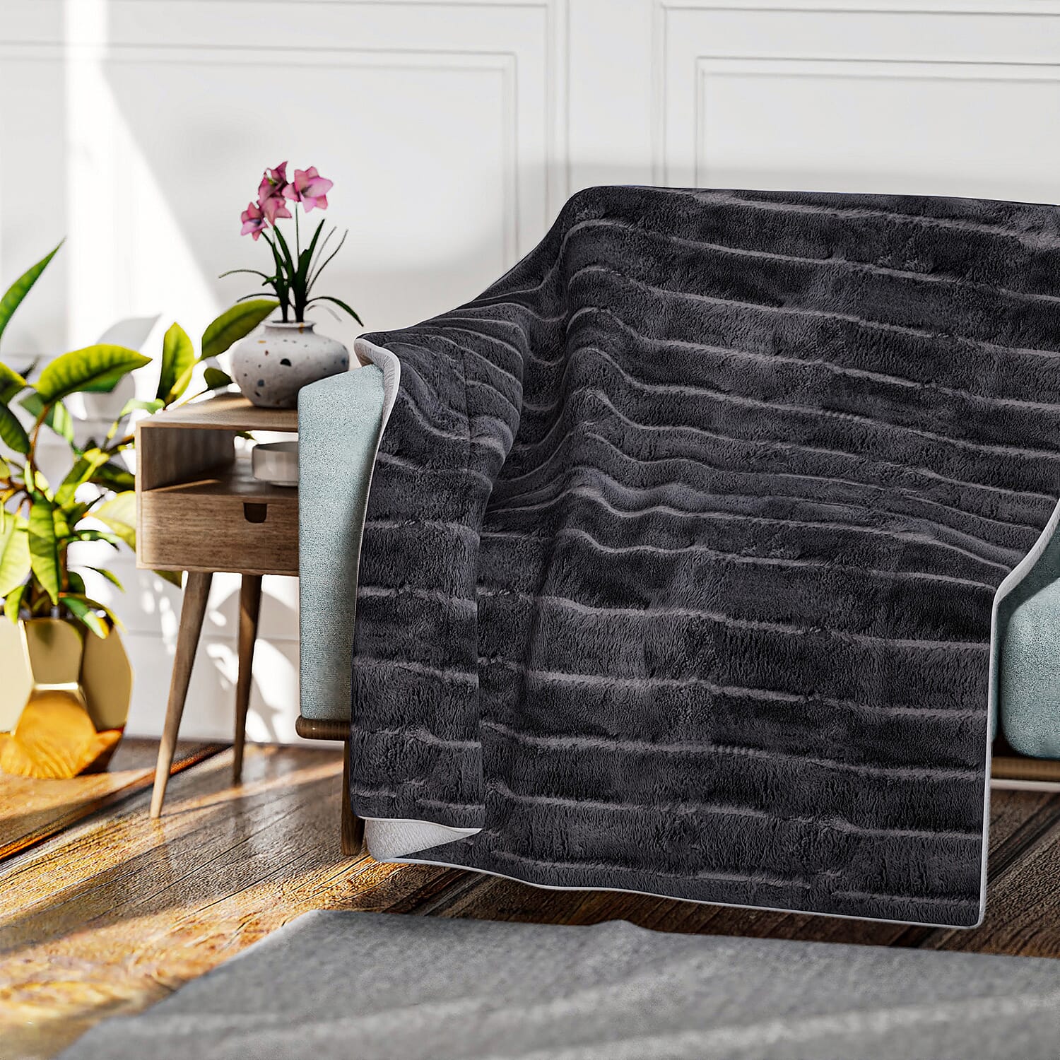 Ideal World Pick of the Day- Faux Rabbit Fur Patterned Blanket (Size 150 x 200 cm) - Dark Grey - White