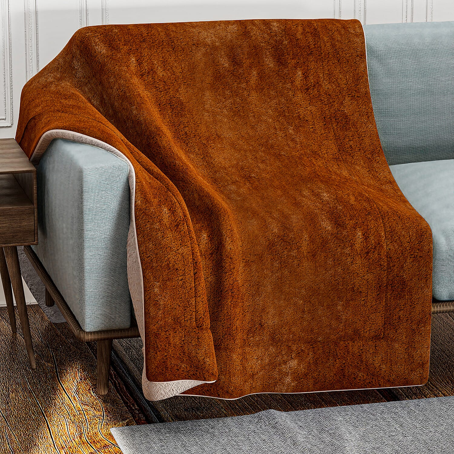 Faux Rabbit Fur Patterned Blanket (Size 150 x 200 cm) - Brown - White